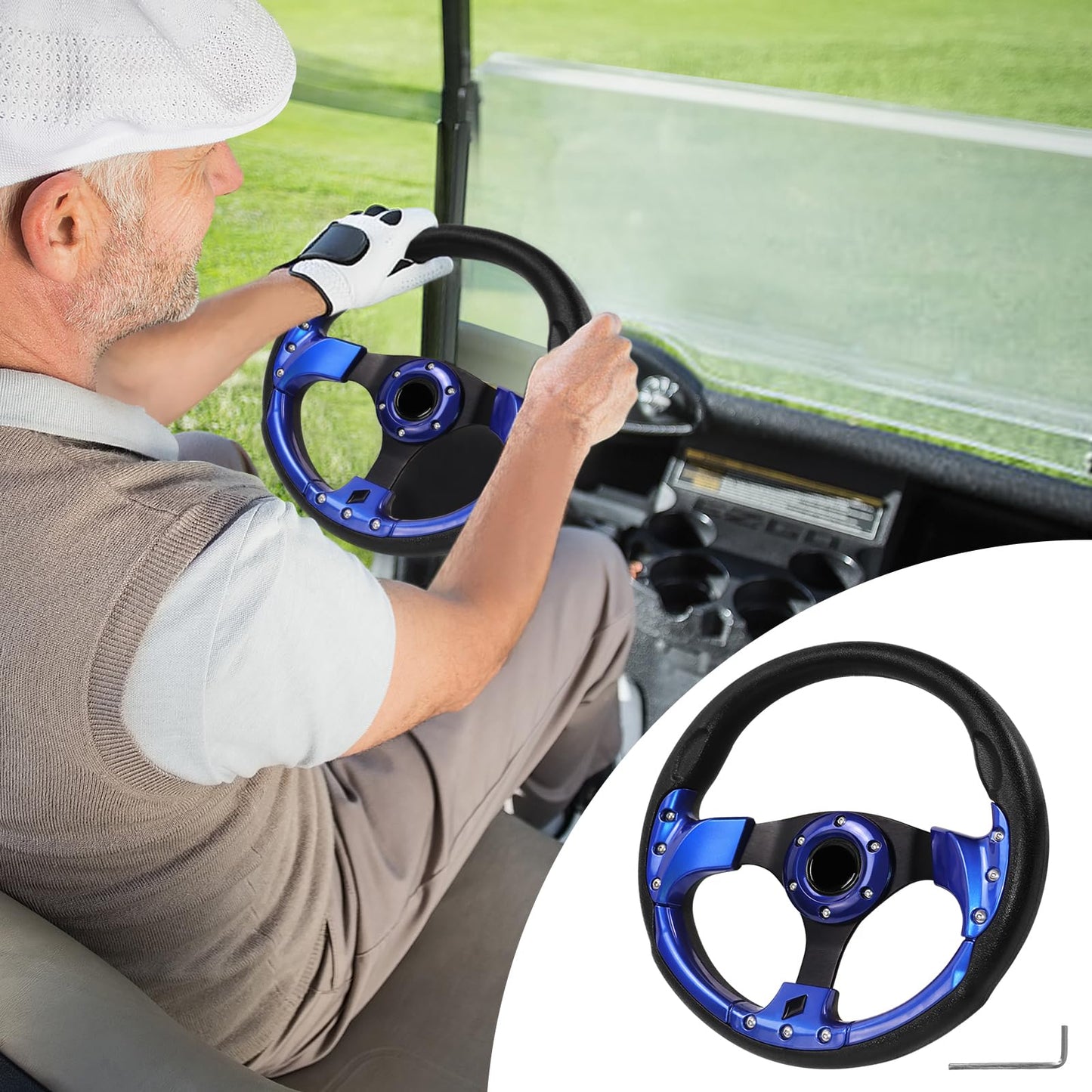 Universal Golf Steering wheel Ergonomic Fit for Club Car DS and Club Car DS Precedent EZGO Yamaha Golf (5156A-blue)