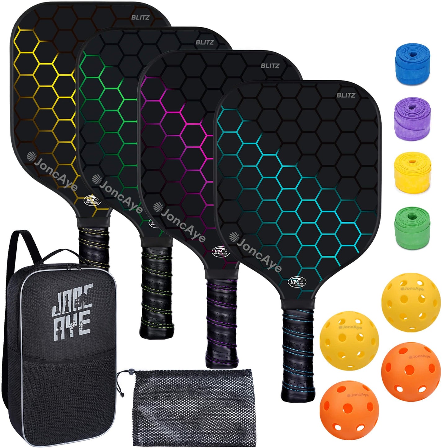 JoncAye Pickleball Paddles Set of 4 Fiberglass Rackets and Balls w/Racquet Case, Overgrip, Ball Bag, USAPA Approved Pickle-Ball Kit for Women, Men, Lightweight Starter Set for Kids, Adults