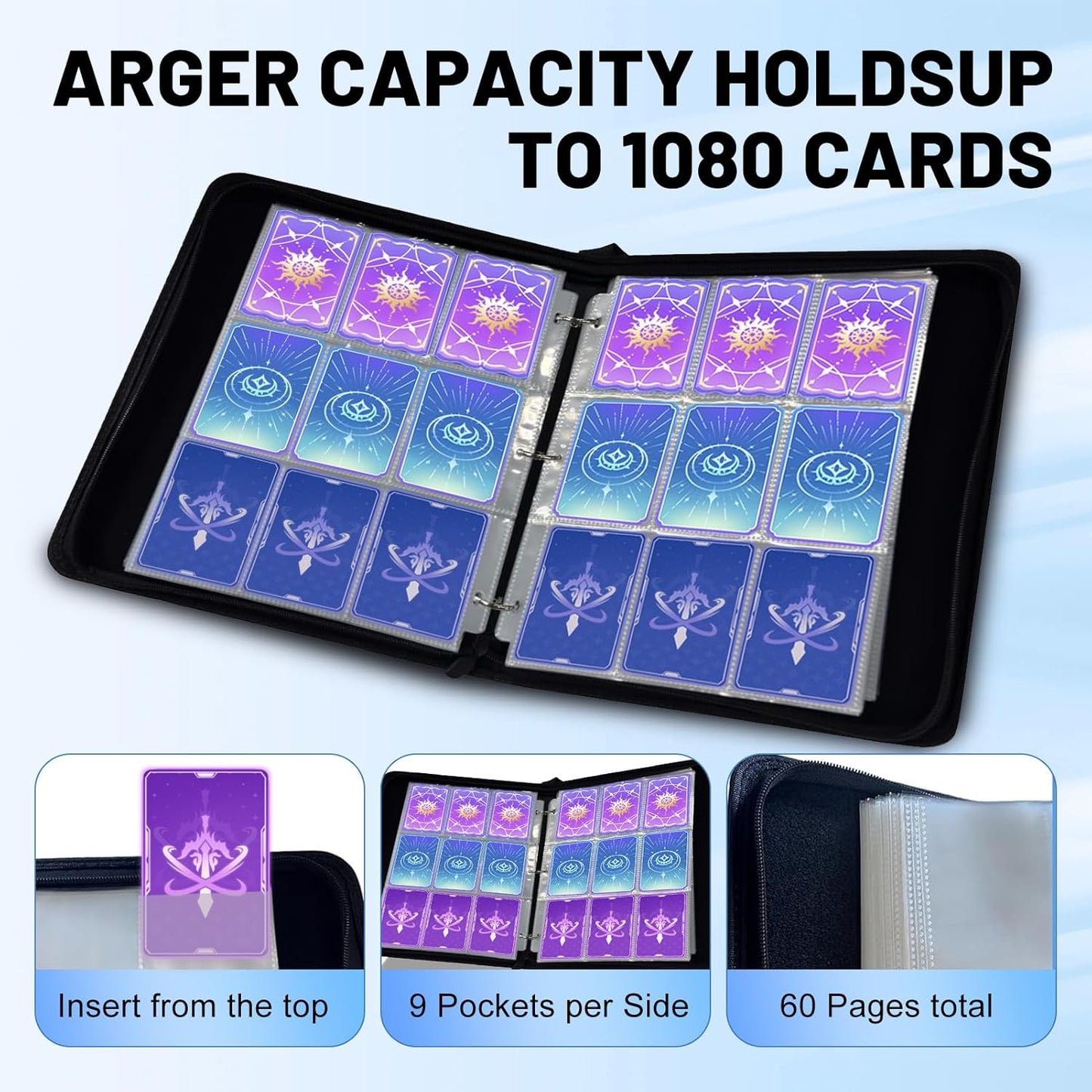 9 Pocket Trading Card Binder - Holds 1080 Cards | Premium Zip Collector Album with 60 Removable Sleeves for MTG, TCG, Baseball & Sports Cards