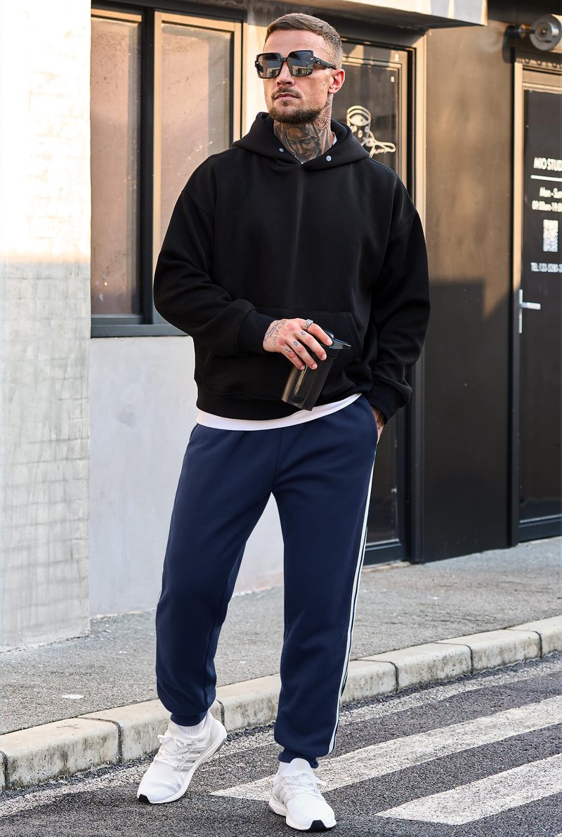 VOGSTART Men's Warm Casual Sweatpants New Deep Pockets Trousers Heavyweight Solid Classic Striped Thermal Lined Fleece Athletic Thick Stretchy Streetwear Sherpa Outdoor Joggers Navy L