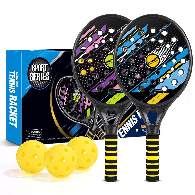 Kids Beach Pickle Ball Set - Waterproof Tennis Racket with Air Hole Beach Toys for Kids and Adults Family, 2 Set of Beach Tennis Paddle with 3 Pack Premium Pickleball Balls Gifts for Girls Boys