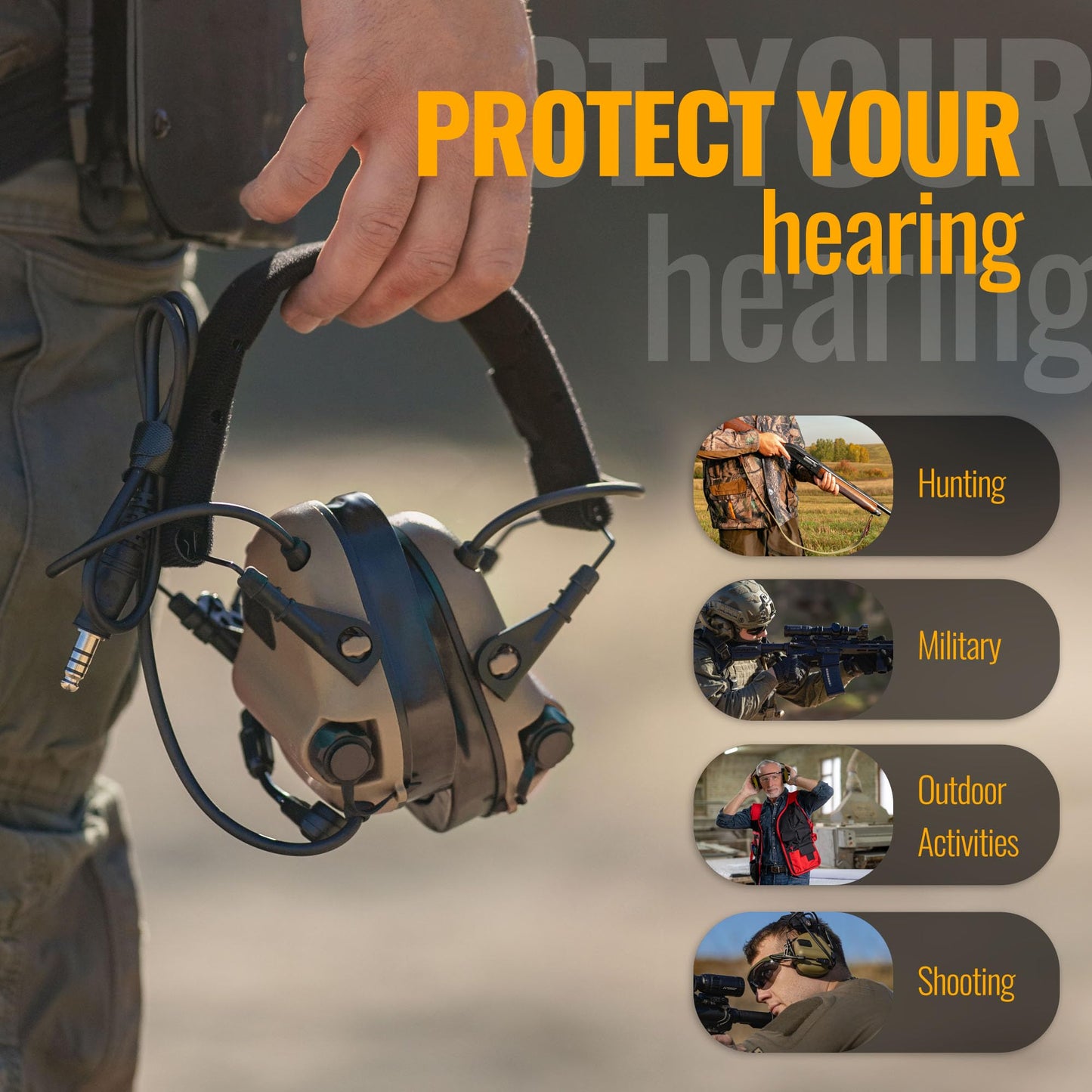 EARMOR M32 PLUS 2024 Version Tactical Headset Hunting & Shooting Earmuffs with Microphone, Sound Amplification, Nato TP120 Jacket, Tan