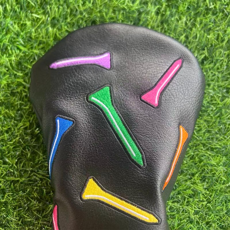 ROYMADE Golf Club Covers Set Colorful Tees Design Driver Covers Fairway Wood Cover Hybrid Cover Leather Golf Wood Head Cover (Color T Black (DR+FW+UT 4pcs))