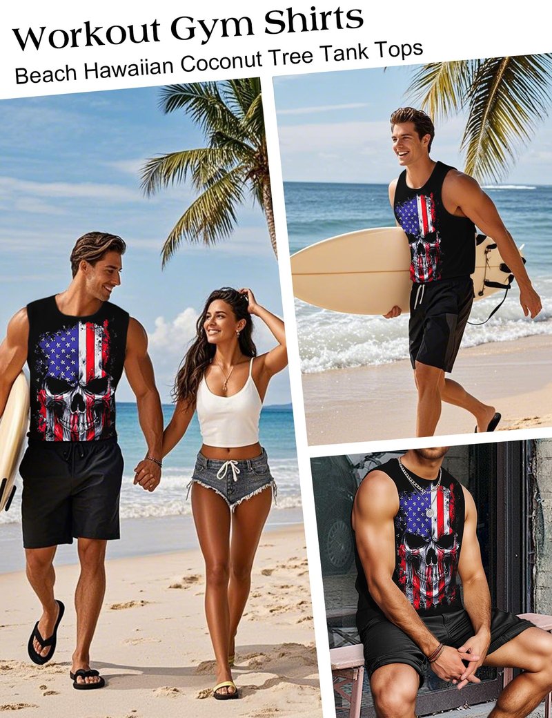 Indoner Mens Graphic Tank Tops Workout Sleeveless Shirts Hawaiian Palm Tree Vacation Tanks for Men Summer Beach T-Shirt