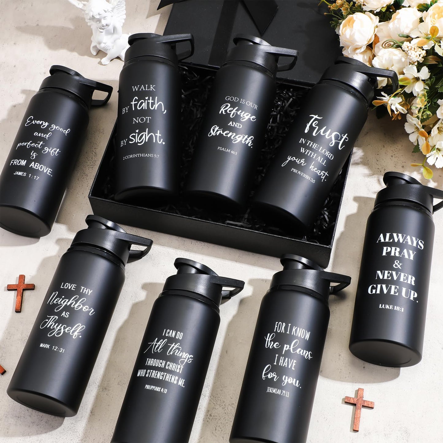 Skybooly 10 Pcs Christian Religious Aluminum Water Bottles Bulk 20oz Father's Day Bible Verse Leakproof Reusable Sport Bottle Gift for Church Men Teacher Nurse Gym Travel(Black,English)