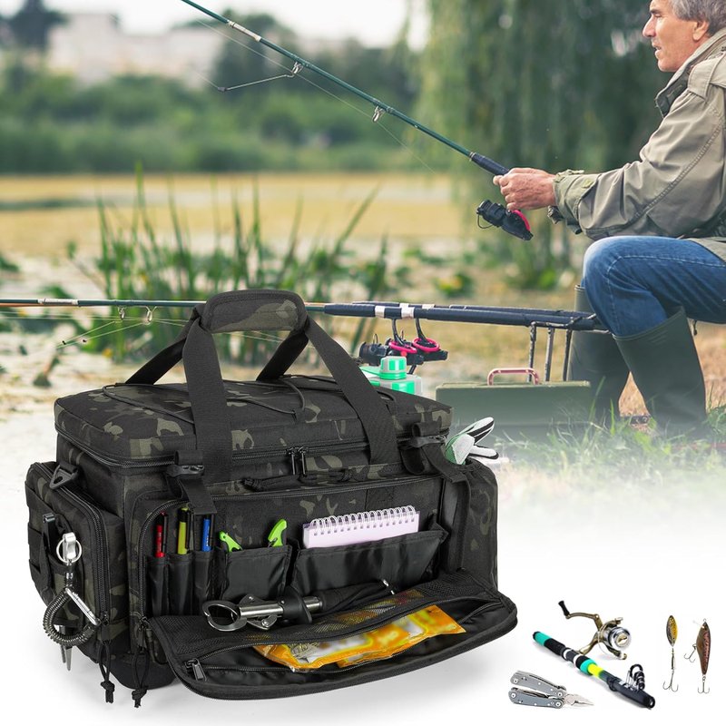 GOBUROS Waterproof Fishing Tackle Bag - EVA Bottom, Rod Holder & Pliers Storage | Durable Fishing Gear
