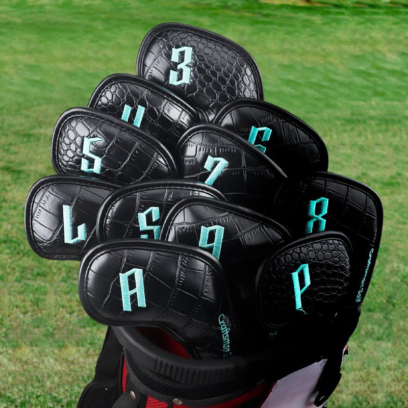 Craftsman Golf Crocodile Pattern Black 11pcs/Set Iron Headcover Set w/Large No. Magic Tape Closure (Black)