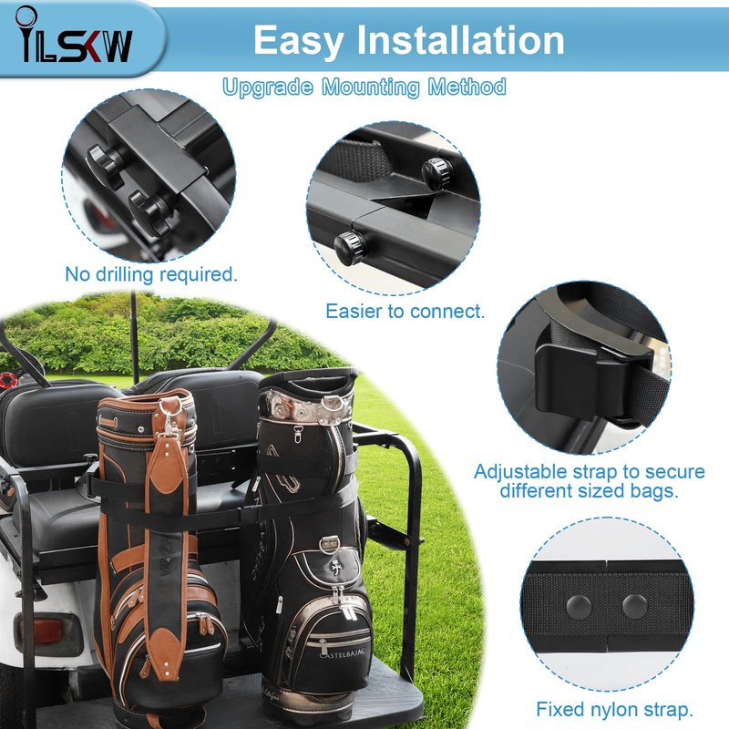 iLSKW Golf Cart Bag Holder Attachment for 2+2 Seater Rear Seat with 1 inch Sqaure Tube, No Drilling Golf Cart Bag Attachment for EZGO, Club Car, Yamaha Golf Carts, Black