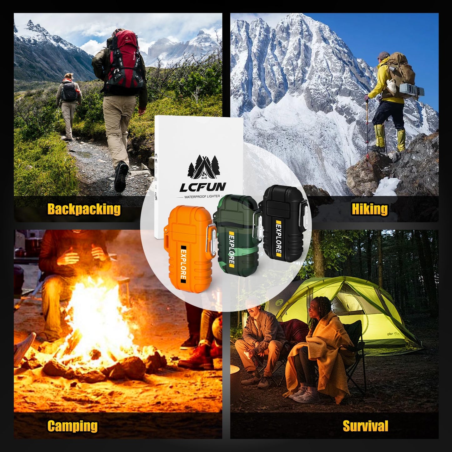 LcFun 3 Pack Waterproof Outdoor Lighter, Windproof Torch Lighters Butane Refillable, Electric Dual Arc Plasma Lighter USB Rechargeable, Camping Hiking Survival Tactical Gear Gadgets for Men