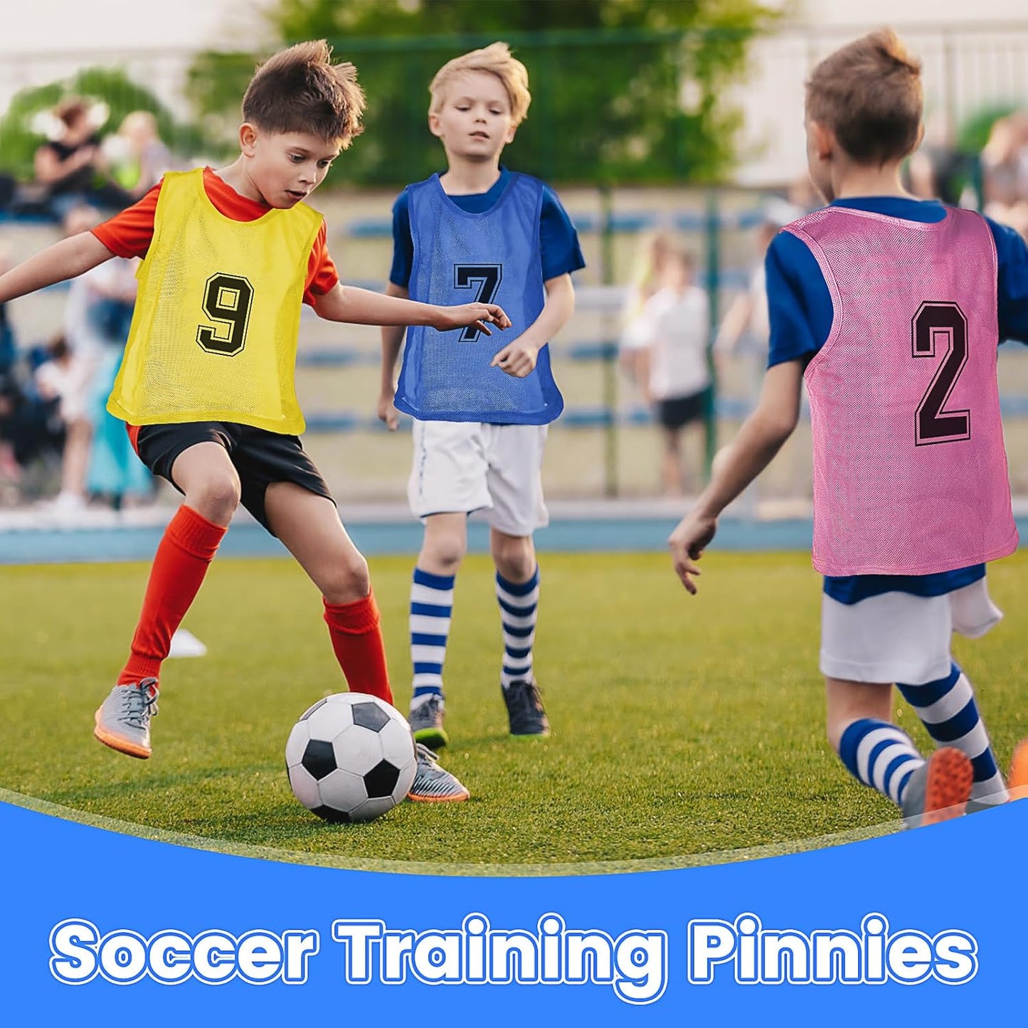 M-Aimee Youth Pinnies - 48 Pcs Mesh Basketball Practice Jerseys | Numbered Soccer Scrimmage Vests in Green, Yellow, Pink, Blue