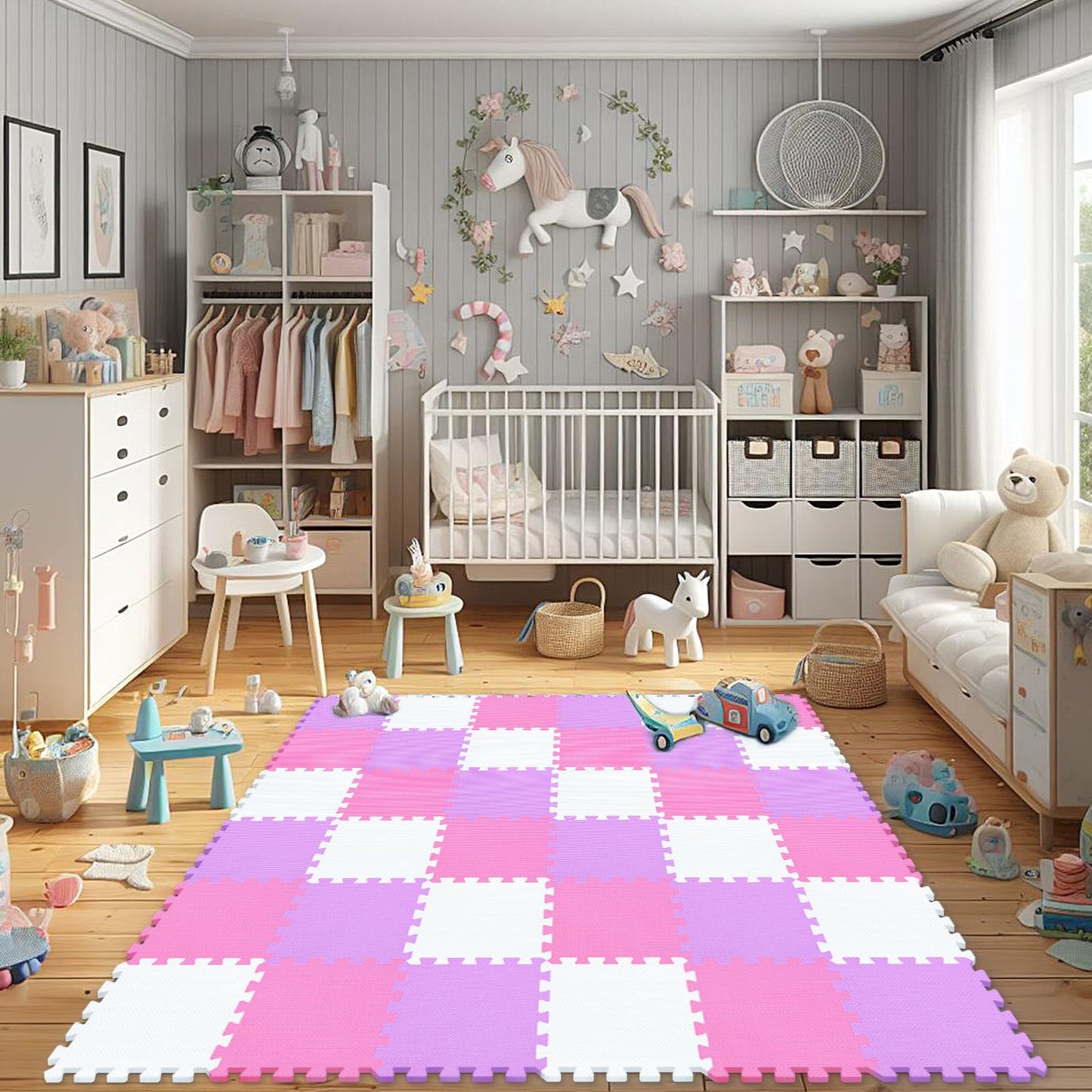 qqpp EVA Rubber 18 Tiles Interlocking Puzzle Foam Floor Mats - Baby Play Mat for Playing | Exercise Mat for Home Workout. White, Pink, Purple. QC-ACKb18N