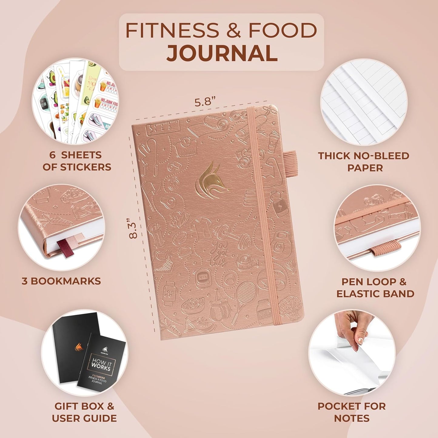 Clever Fox Fitness Journal - Guided Workout & Meal Tracker for Weight Loss | Rose Gold