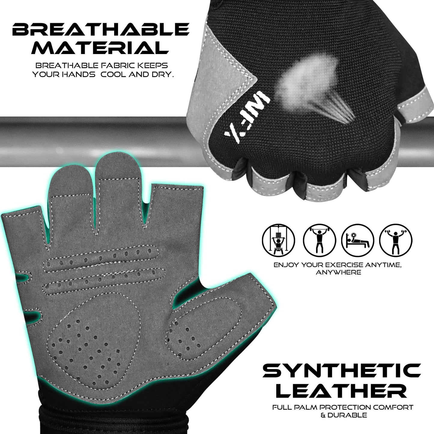 WESTWOOD FOX Gym Gloves Fitness Training Anti Slip Shock-Absorbing Weight Lifting Gloves Padded Grip Breathable Fingerless Workout Support for Men Women Cycling Exercise (Long Wristband, M)