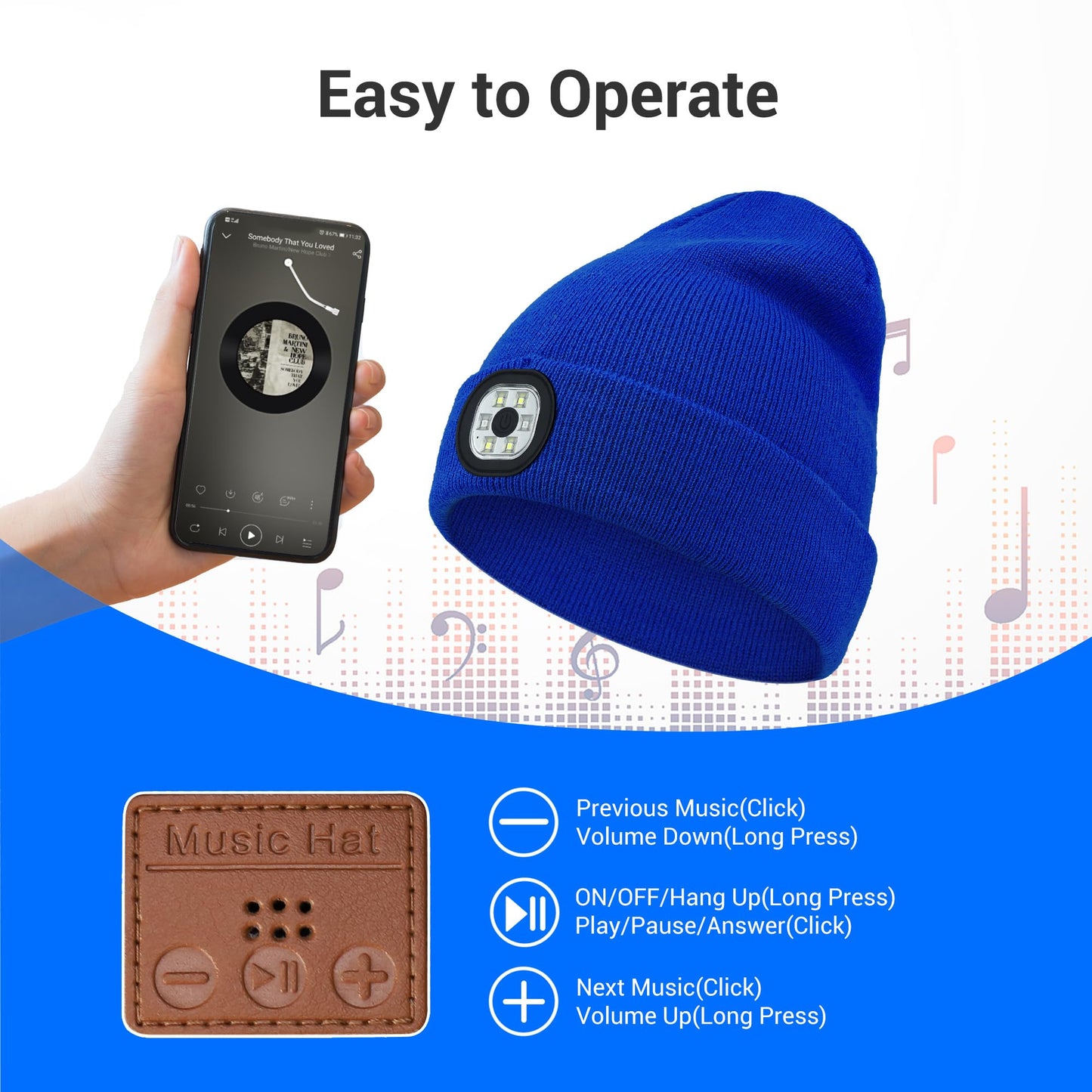 Yontune Bluetooth Hat with Light, Unisex USB Rechargeable 6 LED Headlamp Beanie Cap with Headphones Black Winter Lighted Beanie for Outdoor Sports