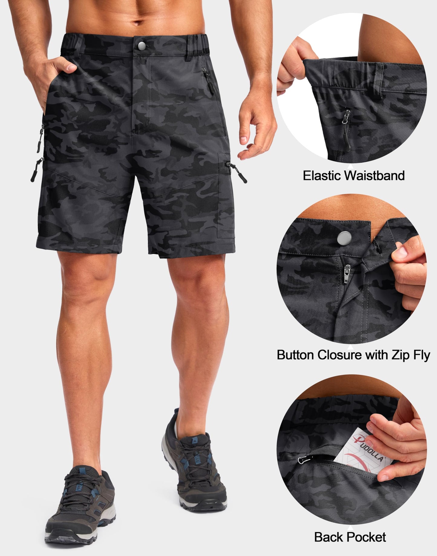 Pudolla Men's Hiking Cargo Shorts Lightweight 7" Travel Casual Shorts for Men Golf Work Outdoor with 5 Zipper Pockets(Black Camo Small)