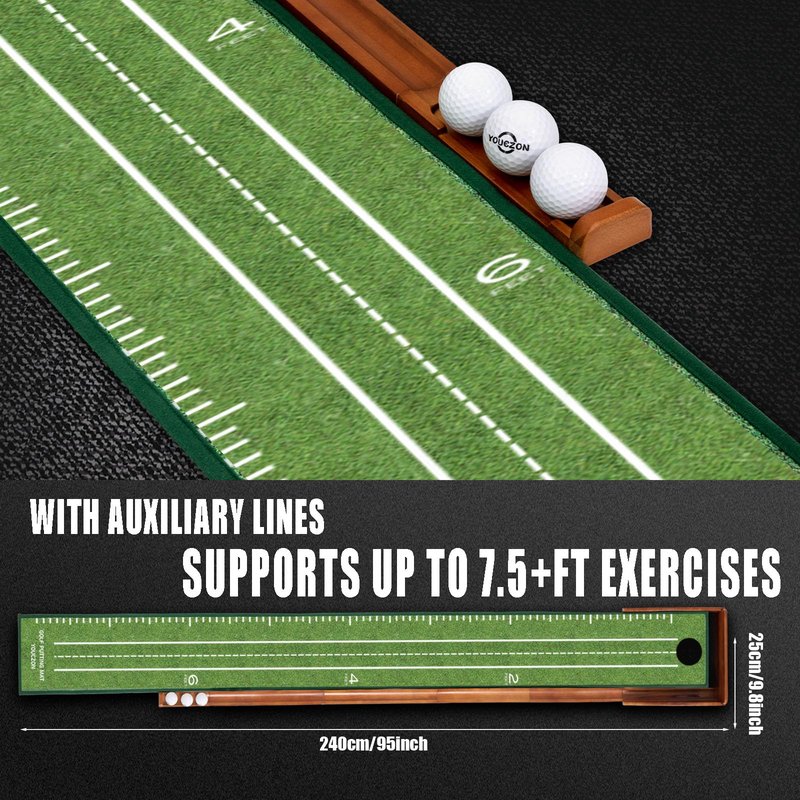 YOUCZON Putting Green Indoor,Golf Putting mat– Portable & Easy to Assemble, Automatic Ball Return, Wrinkle-Free Natural Rubber Mat, Solid Wood Construction for Golfers
