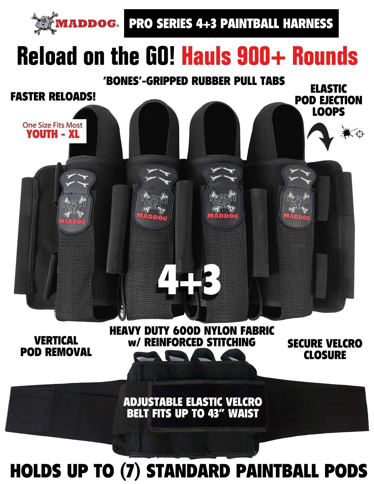 Maddog Pro 4+3 Paintball Harness Pod Pack | Pod Ejection | Adjustable Elastic Velcro Belt