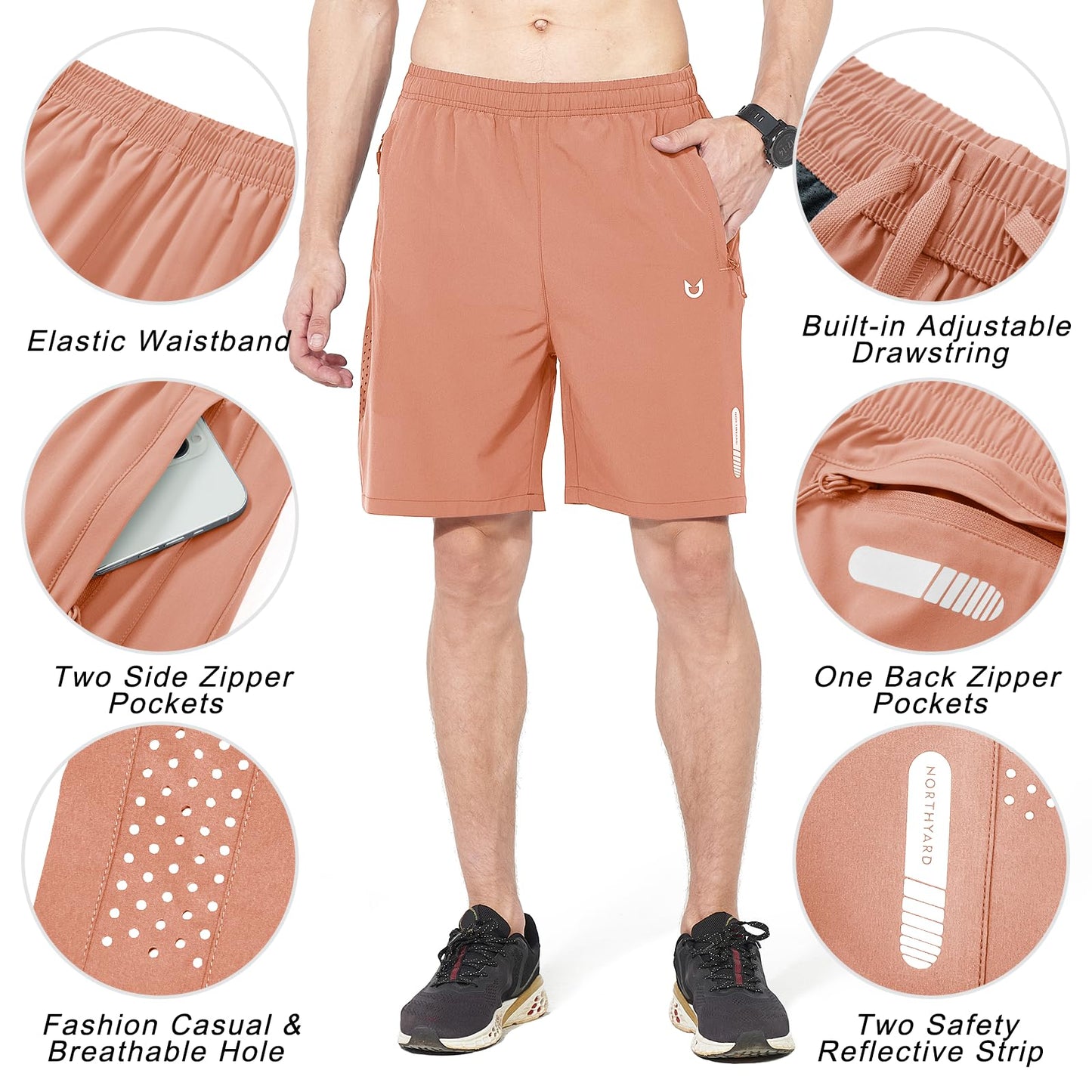 NORTHYARD Men's Athletic Running Shorts Gym Workout 7"/9"/5" Quick Dry Lightweight Sports Basketball Tennis 3 Zipper Pockets PINKORANGE S