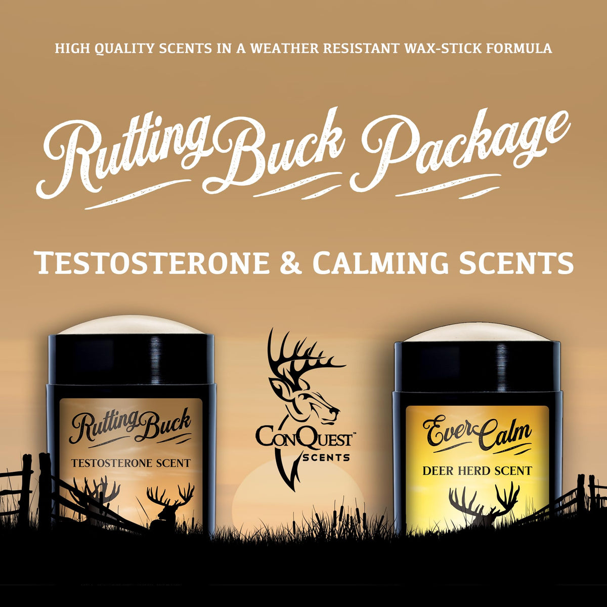 ConQuest Scents RuttingBuck Package – RuttingBuck & EverCalm Deer Herd Scent Stick, Deer Attractant & Calming Scent, All-Season Hunting Wax Sticks, 2.5 oz
