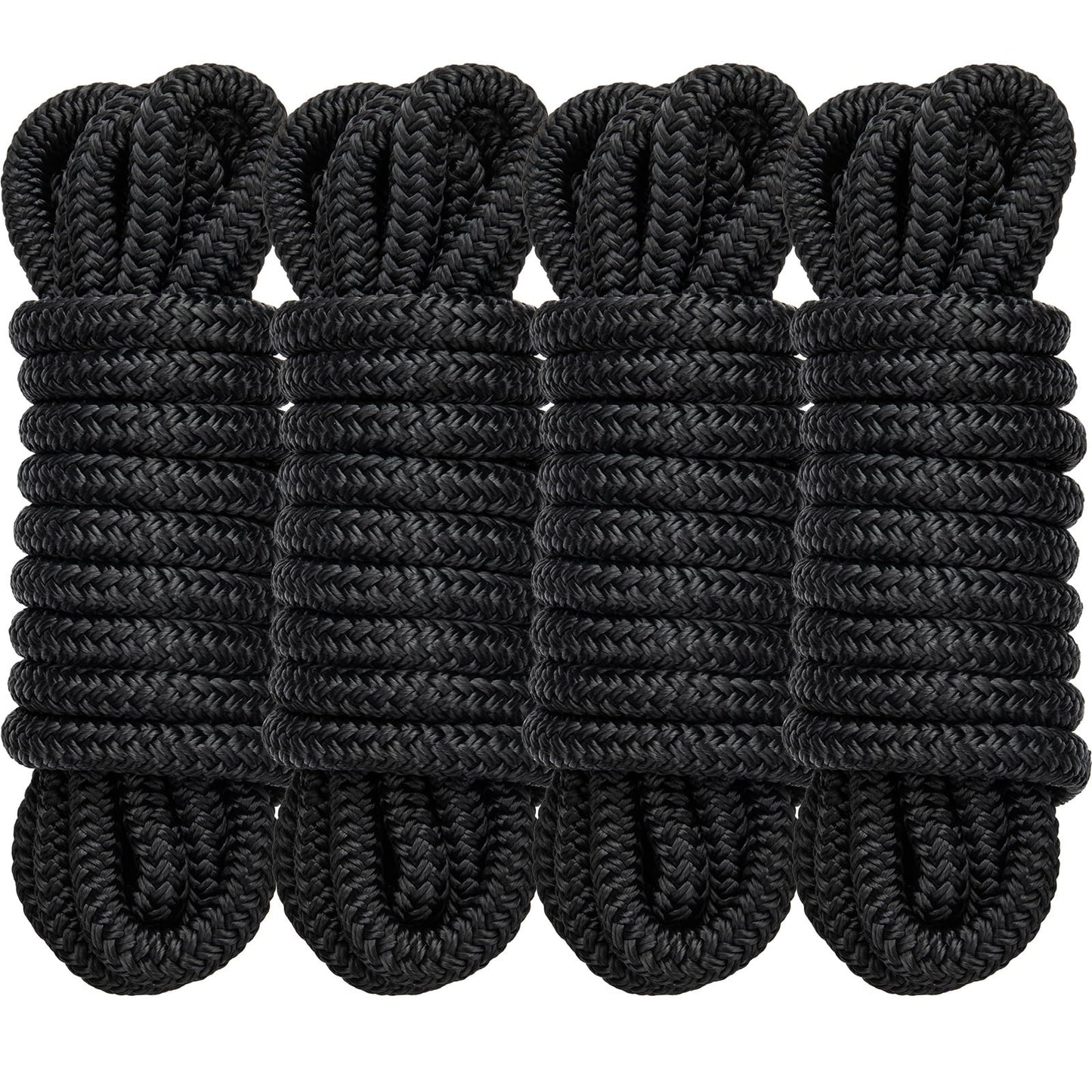 4 Pack 1/2" x 15’ Boat Dock Lines for Boat & Pontoon, Premium Marine- Grade Double Braided Nylon Dock Line, Pre-Spliced with a 12" Eyelet-Black,Boating Gifts for Men