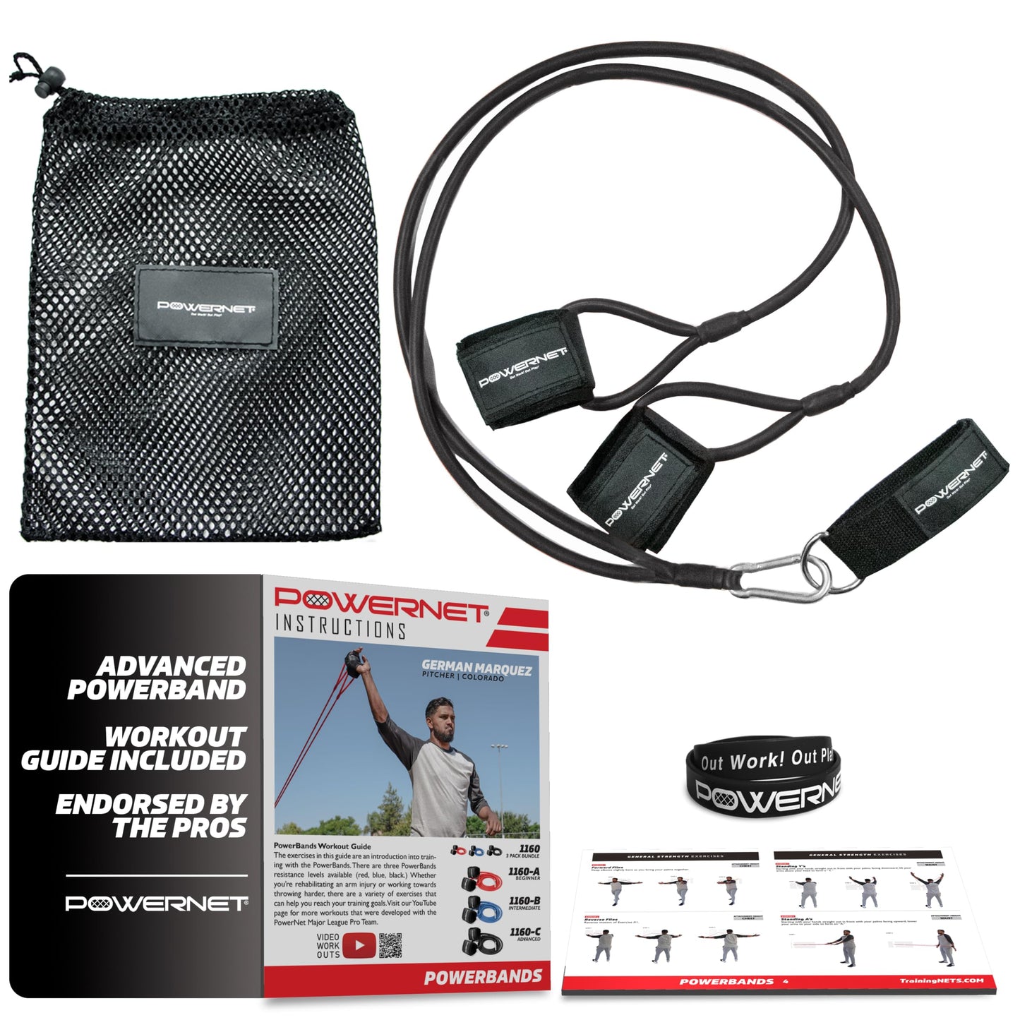 PowerNet Resistance Bands, Baseball Softball Strength and Conditioning PowerBands, Portable Pitching Warm Up Exercise Bands, Rehab Throwing Injuries, Attach to Any Fence or Pole (Black|Advanced)