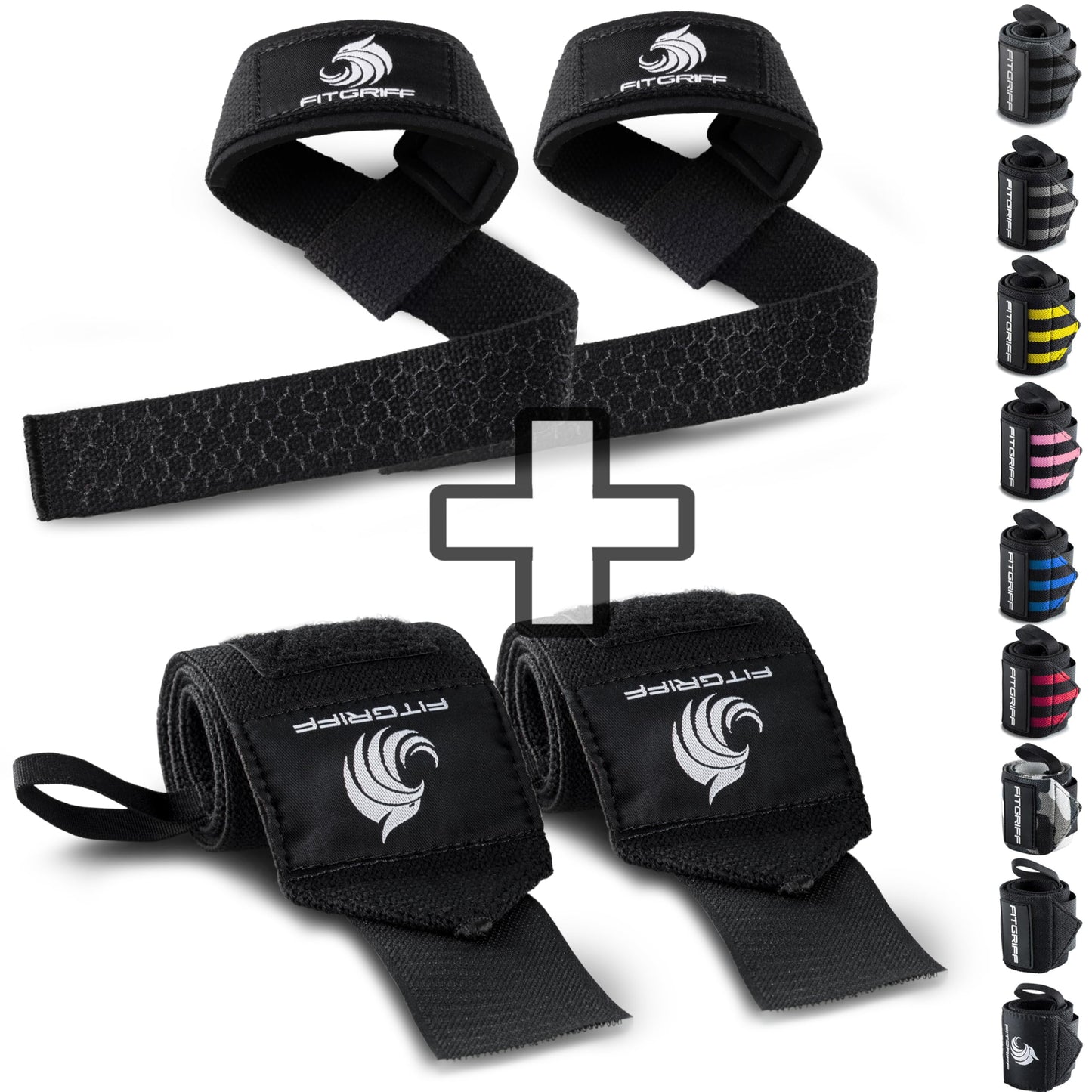 Fitgriff® Lifting Straps & Wrist Wraps (Bundle) Superior Support for Weightlifting & Gym Workouts - for Men and Women (Black Original 2)