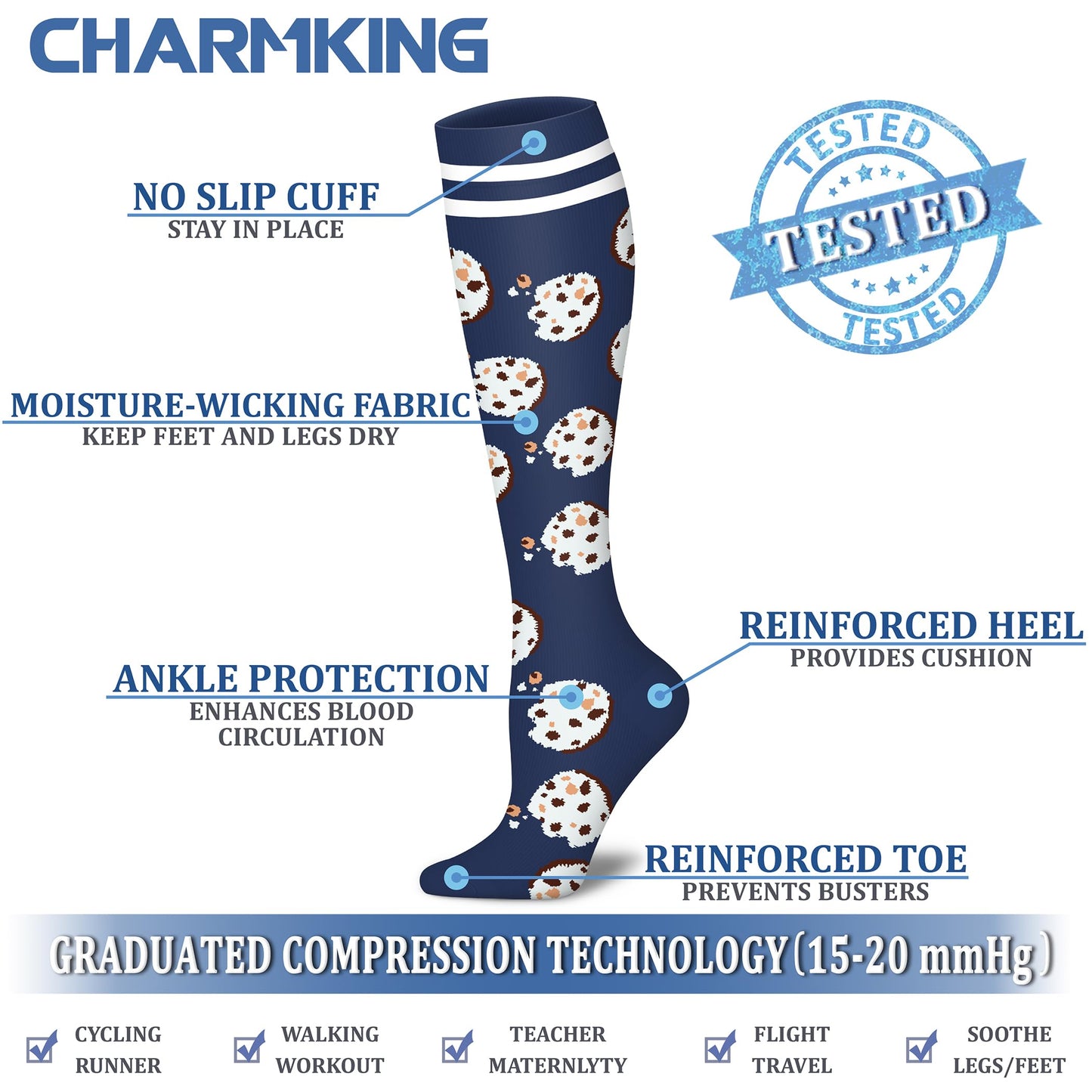 CHARMKING Compression Socks for Women & Men (8 Pairs) 15-20 mmHg Graduated Copper Support Calf Socks are Best for Pregnant, Nurses - Boost Performance, Circulation, Knee High Wide Calf(S/M, Multi 54)
