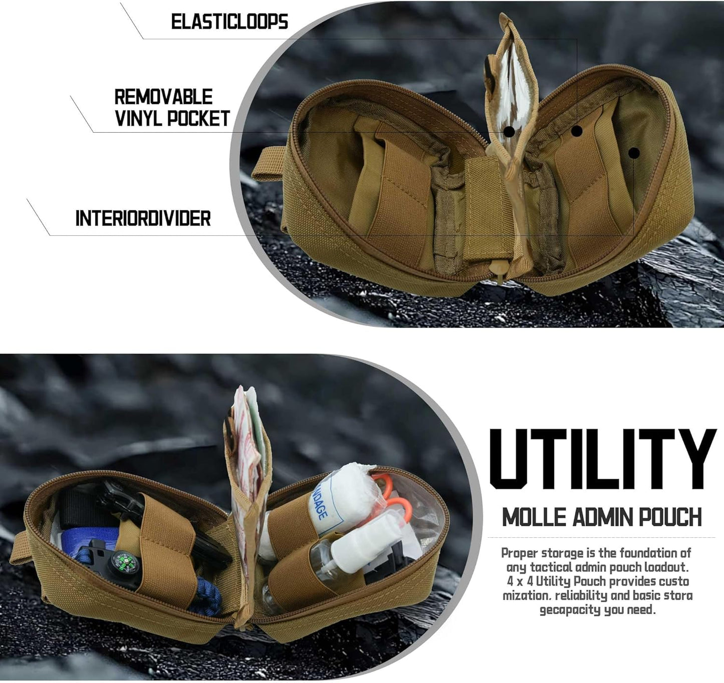 Tactical Molle Admin Pouch - Laser Cut Design with Flag | 4x4 Inches, Interior Divider & Removable Pocket
