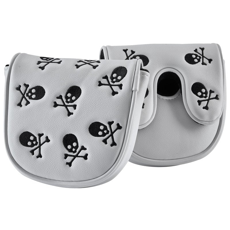 Gbourly Embroidery Skeleton Skull Golf Club Mallet Putter Head Cover Fits for DF3 Club Magnetic Closure Center Shafted PU Leather Headcover (White)