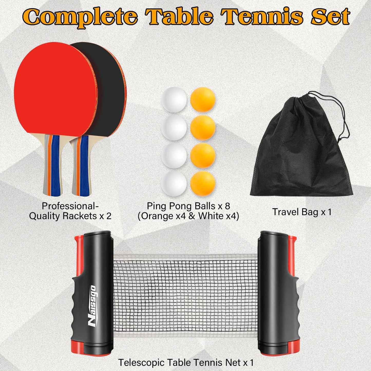 Naissgo Table Tennis Set with Retractable Net, Portable Ping Pong Paddle Set with 2 Rackets, 8 Balls and Mesh Bag, Easy Setup Table Tennis Kit for Indoor Outdoor, Beginners, Home and Office