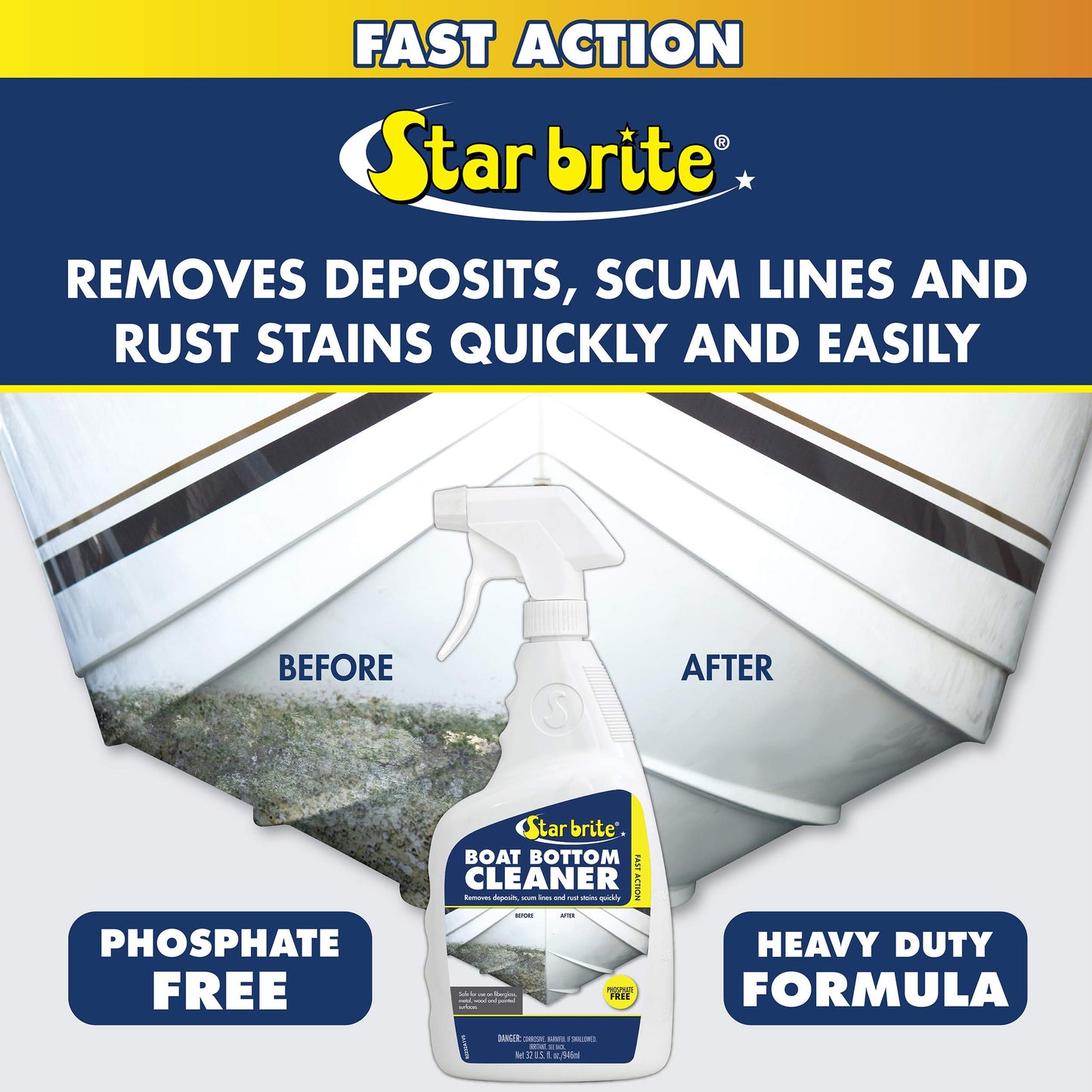 STAR BRITE Heavy Duty Boat Bottom Cleaner - Removes Deposits & Stains, For Fiberglass, Wood, Iron, Painted Surfaces, 32oz Spray (092232P)