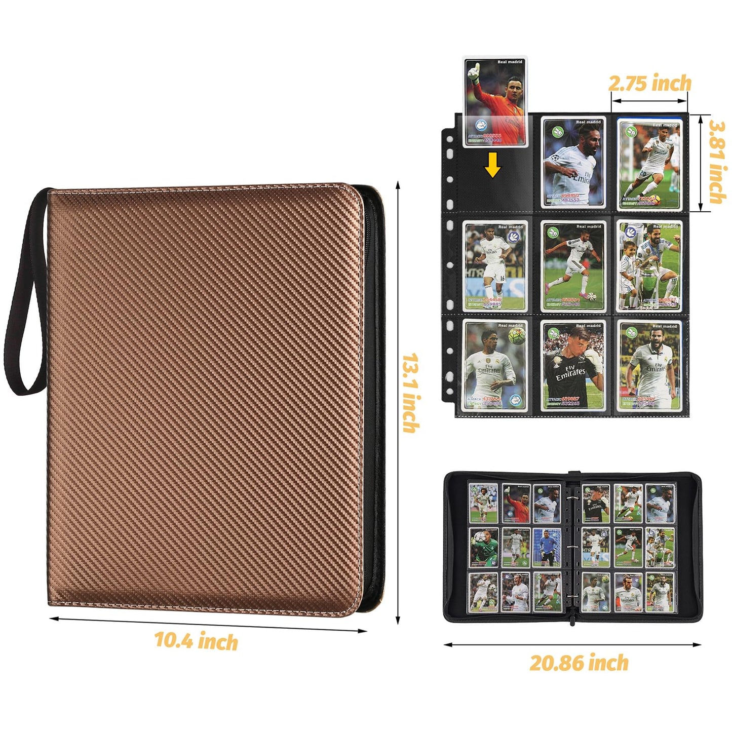GERMUN 3 Ring 9 Pocket Zipper Card Binder, 720 Double Sided Standard PU Trading Card Album Folder for TCG & Sports Cards, Not Fit Top Loaders (Brown)