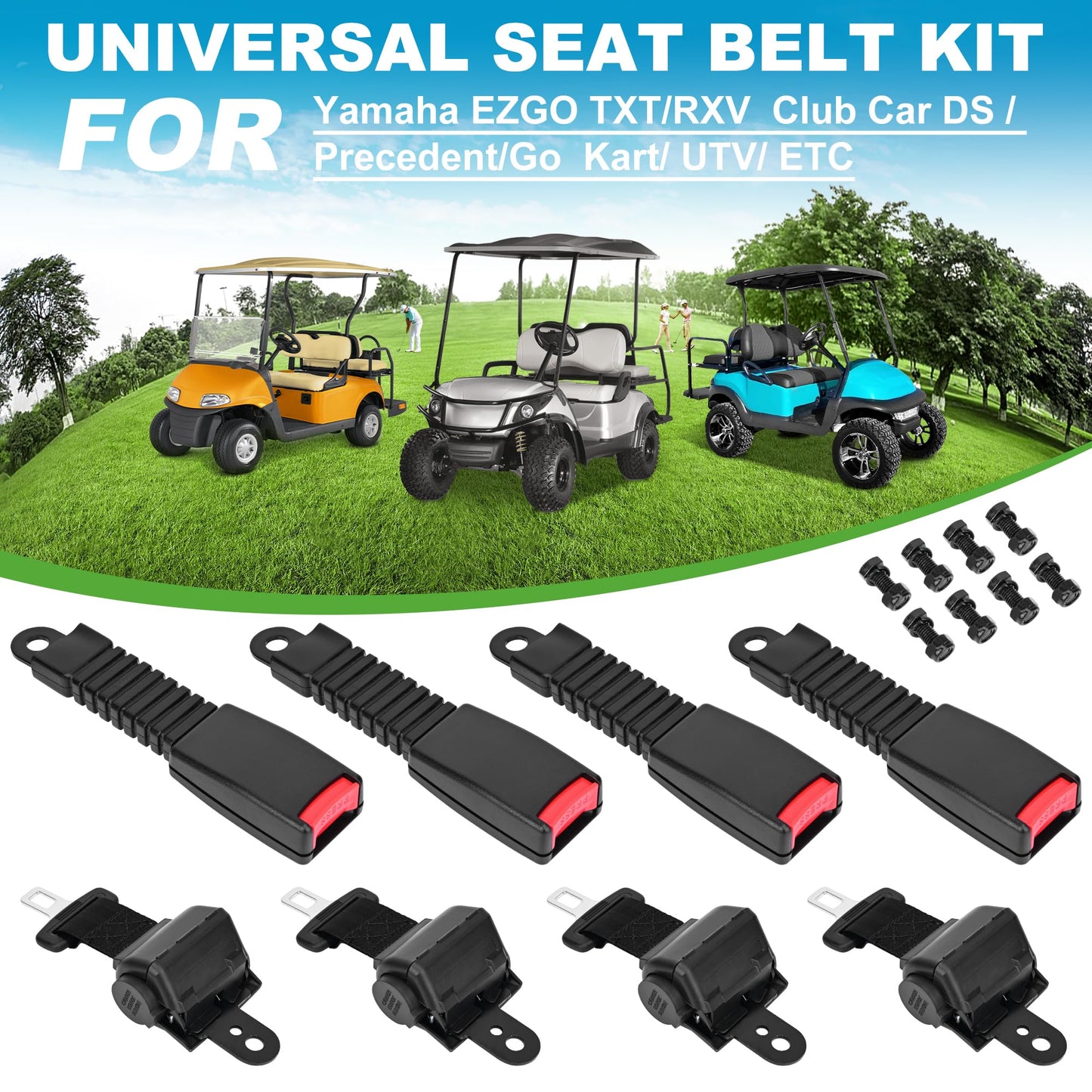 10L0L Golf Cart Front & Rear Seat Belt Kit for Yamaha, Club Car, EZGO Golf Cart Models,Universal Retractable Seat Belt Kit- 4PCS(Note: Without Mounting Bracket)