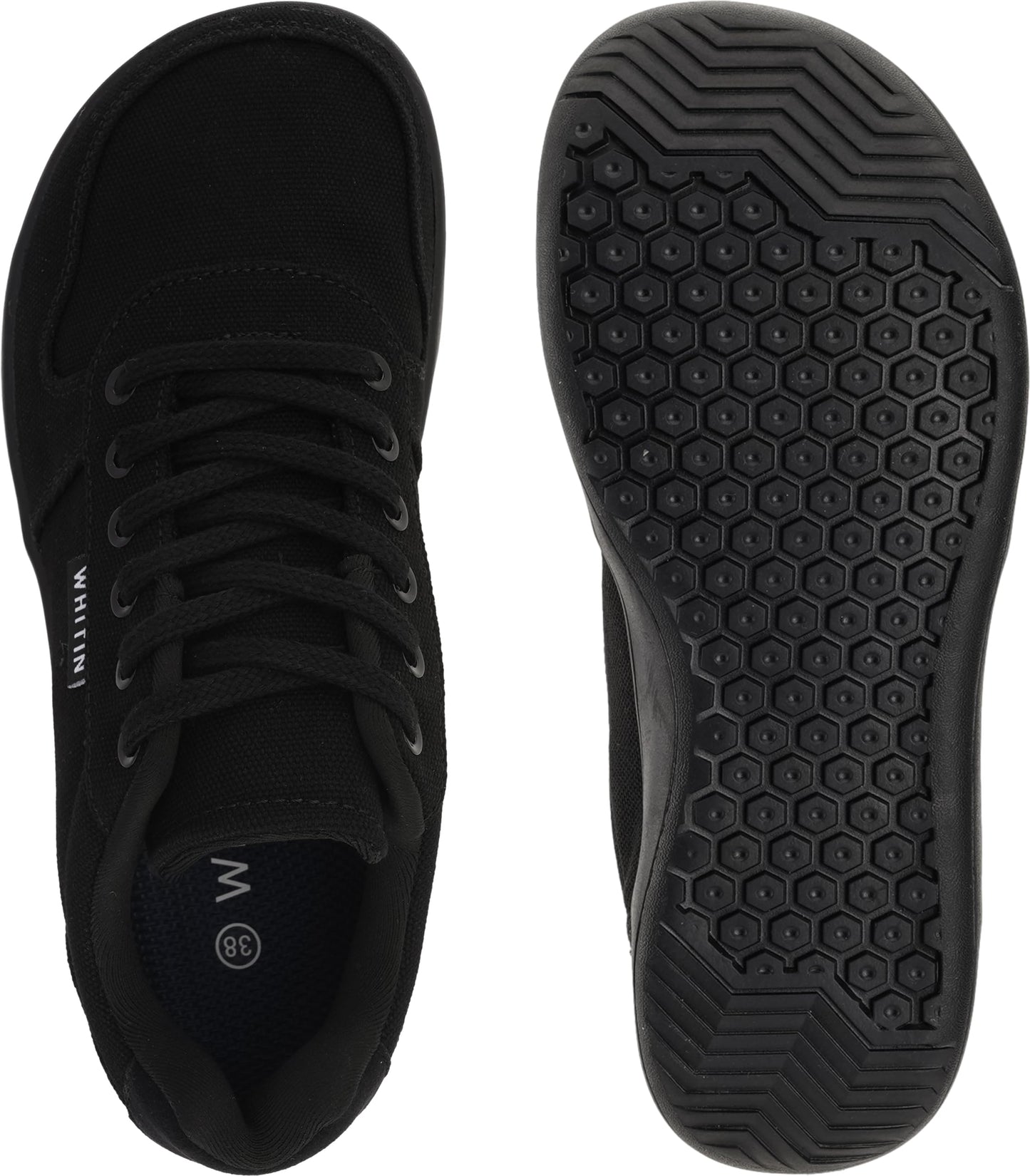 WHITIN Wide Toe Box Barefoot Sneakers for Women Canvas Minimalist Fashion Zero Drop Sole Shoes Size 7 Walking Training All Black 38