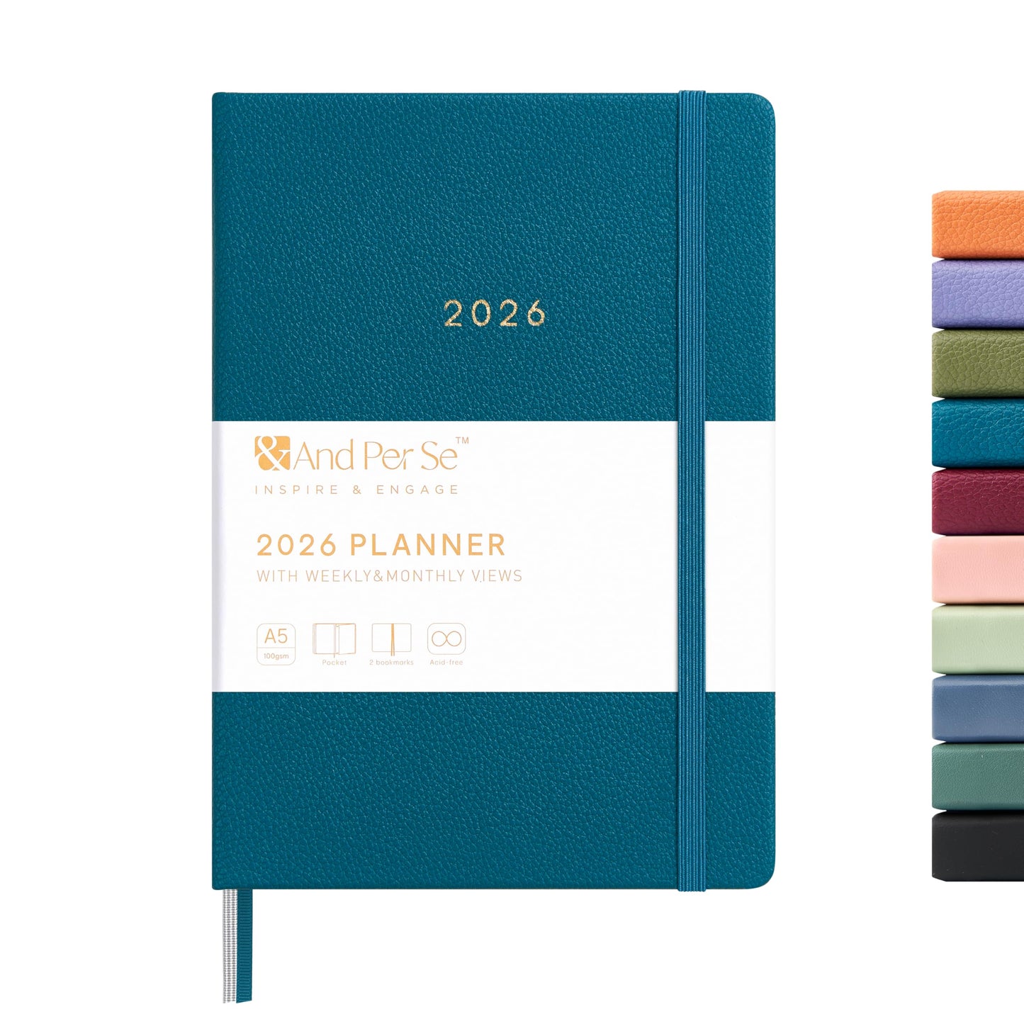 And Per Se 2026 Planner-Daily, Weekly & Monthly Leather Hardcover Planner, 5.7" x 8", Daily Schedule, 100 GSM Thick Paper, Back Pocket(Dark Blue)