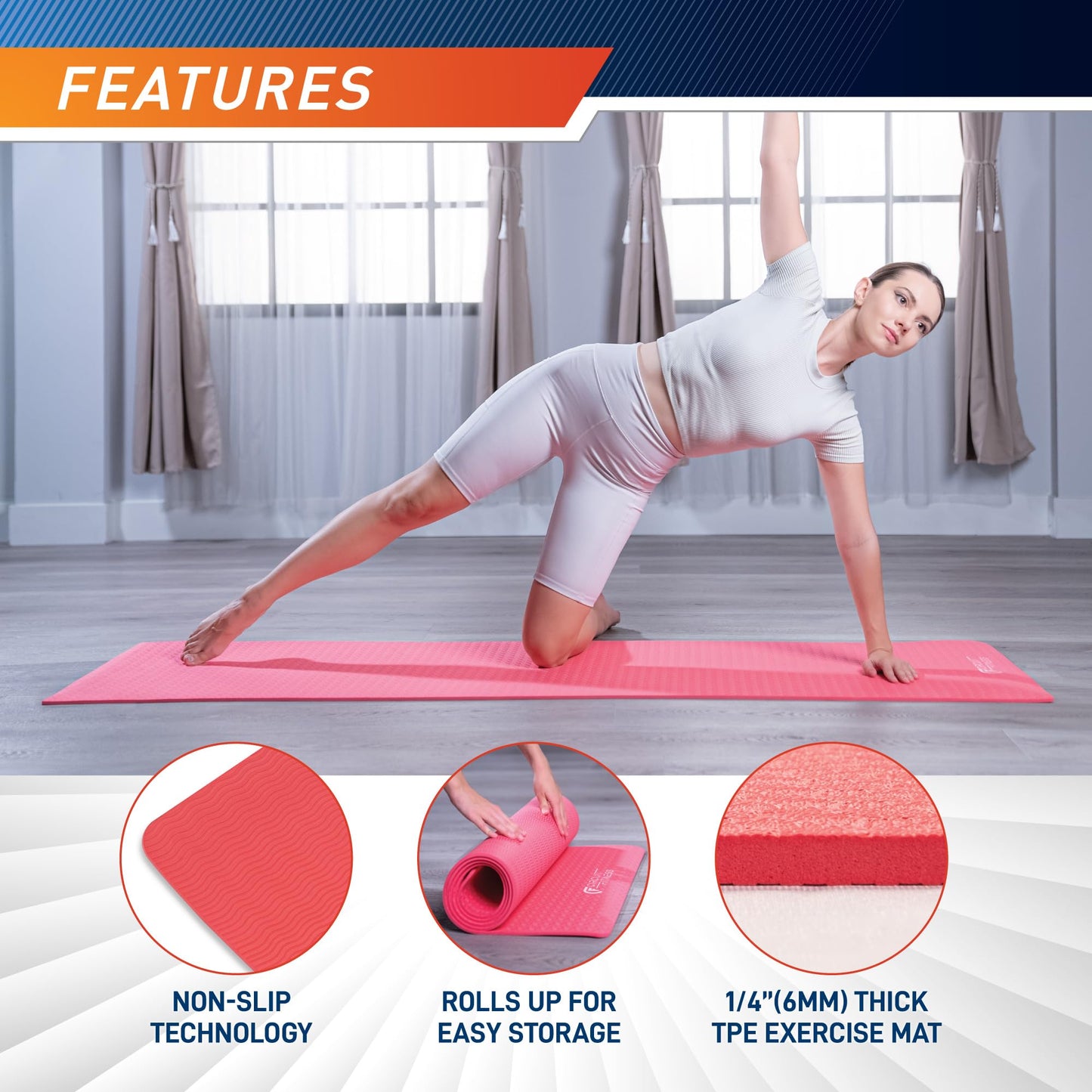 Circuit Fitness by Marcy 1/4-inch (6mm) Non Slip Multi-Purpose Exercise Yoga Mat with Carrying Strap - Coral Pink