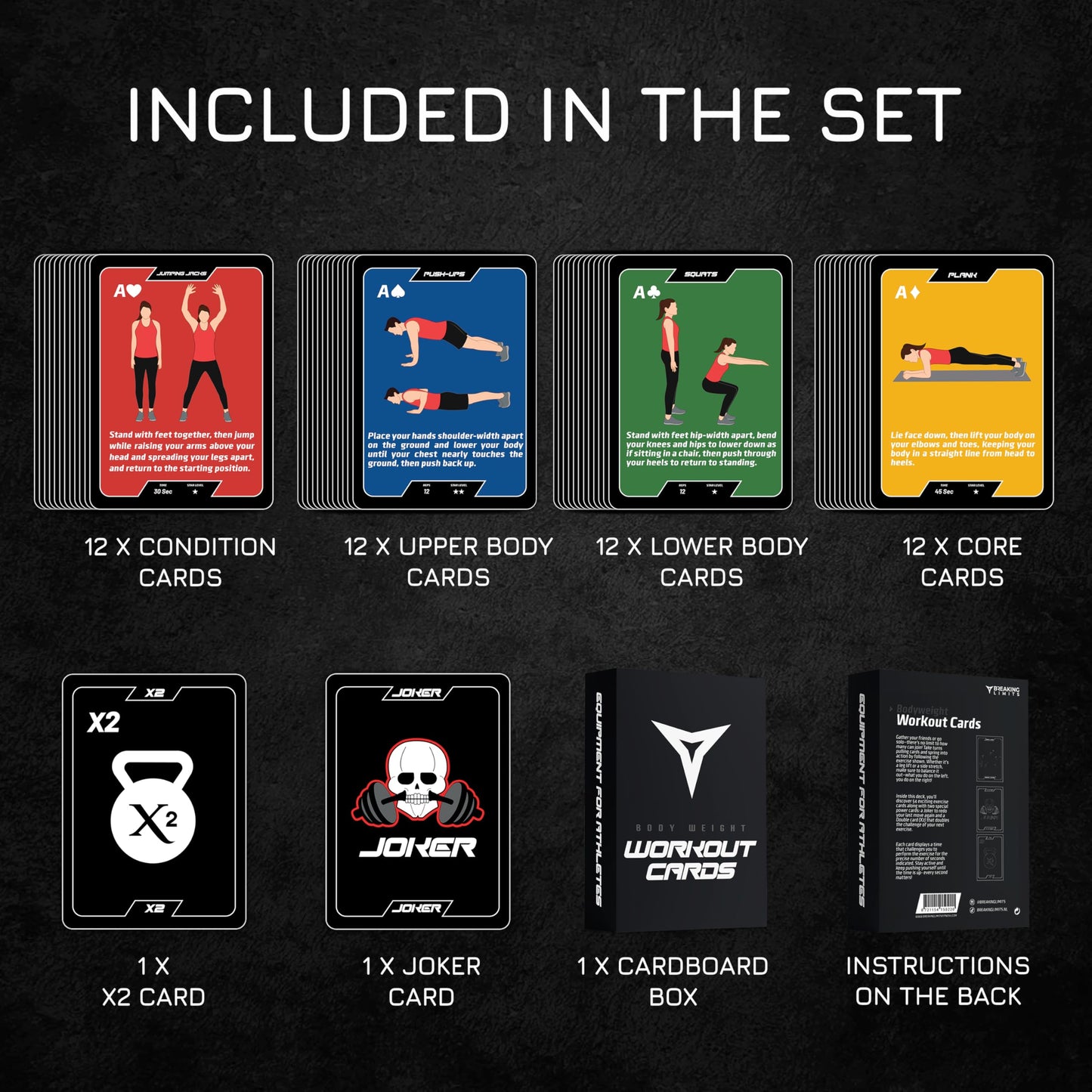 BREAKING LIMITS Workout Cards Deck - Body Weight Exercise Cards for Home Workouts - Fitness Cards for Men & Women - Body Deck for Weightlifting - Workout Card Games
