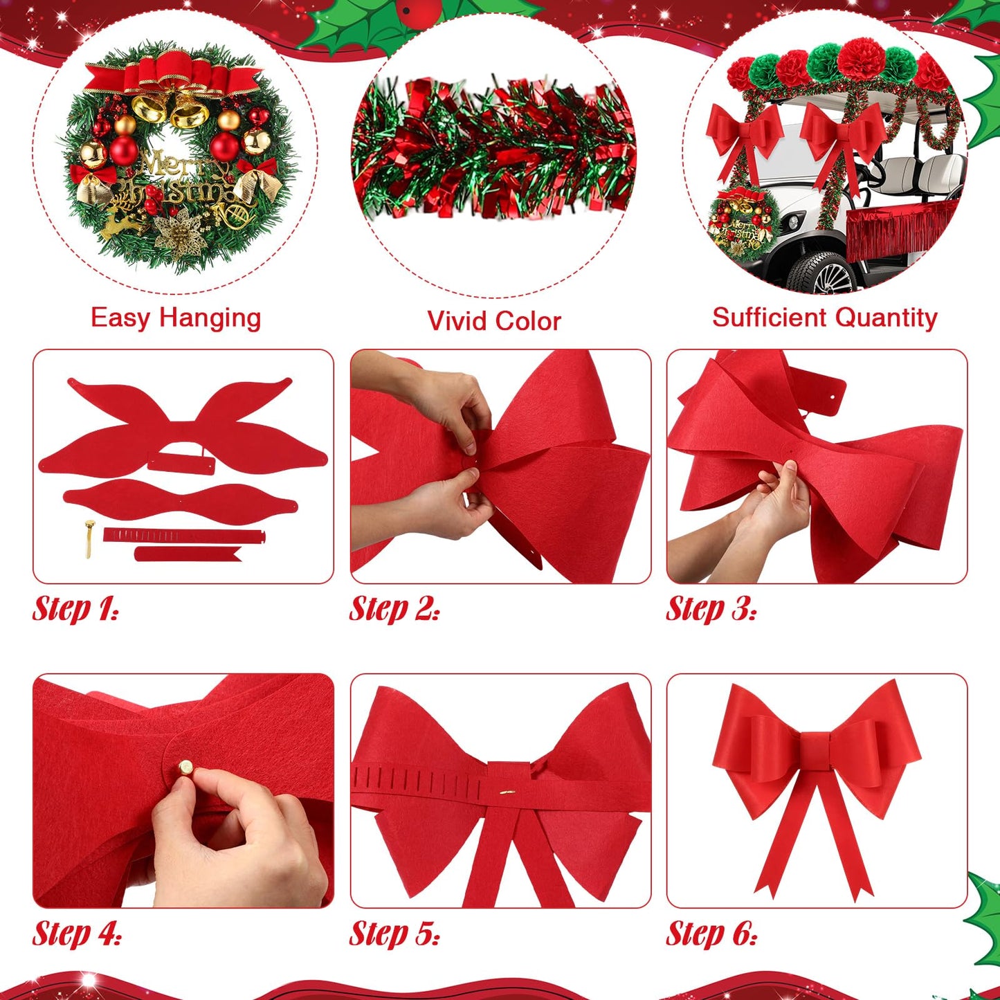 Suncalla 16 Pcs Christmas Golf Cart Decorations Christmas Wreath Red Foil Tinsel Banner Red Green Tissue Paper Pompoms Tinsel Garland Jumbo Bow Decoration for Golf Cart Party Supplies Decor