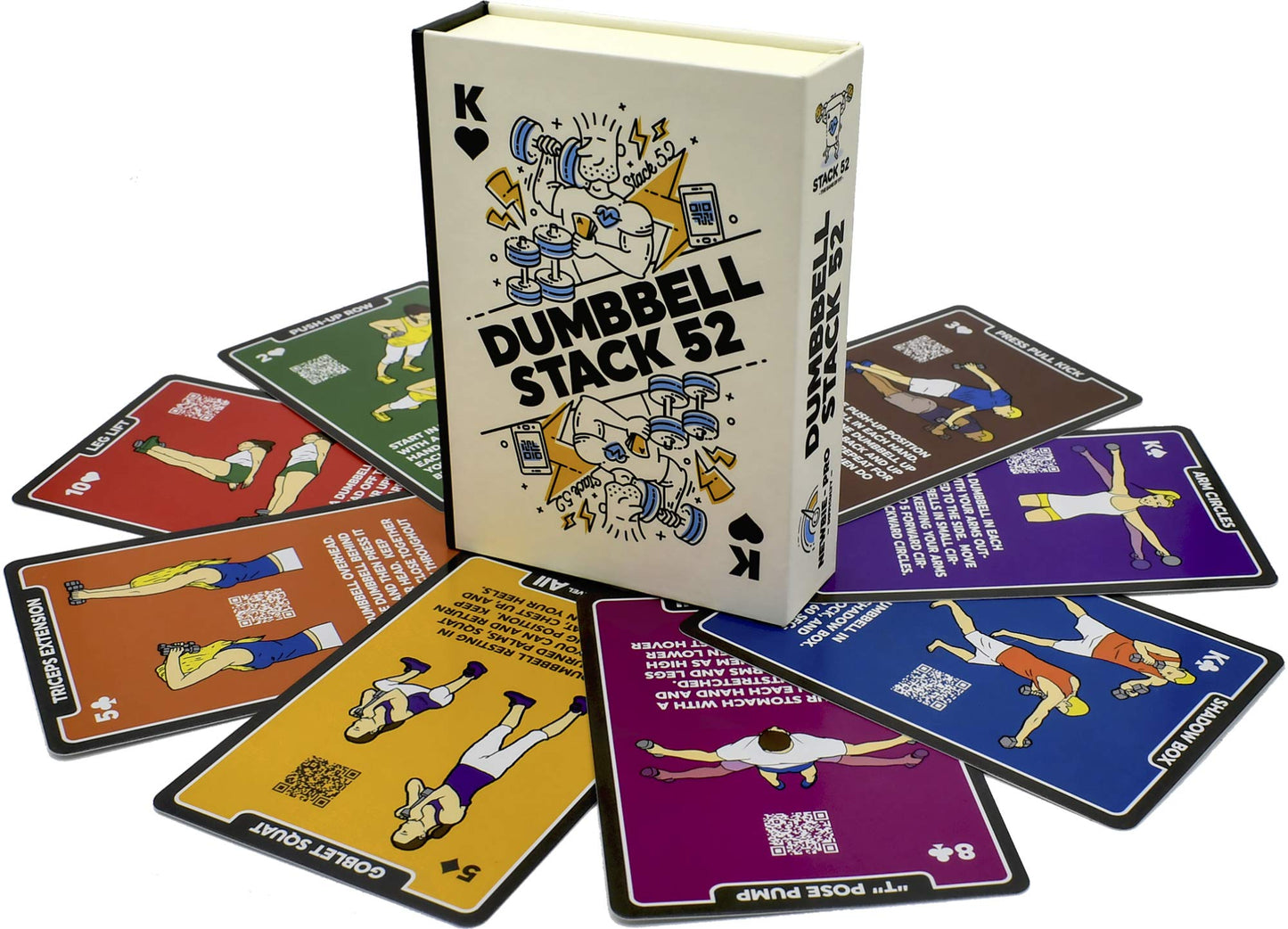 Stack 52 Dumbbell Exercise Cards. Dumbbell Workout Playing Card Game. Video Instructions Included. Perfect for Training with Adjustable Dumbbell Free Weight Sets and Home Gym Fitness. (2019 Base Deck)