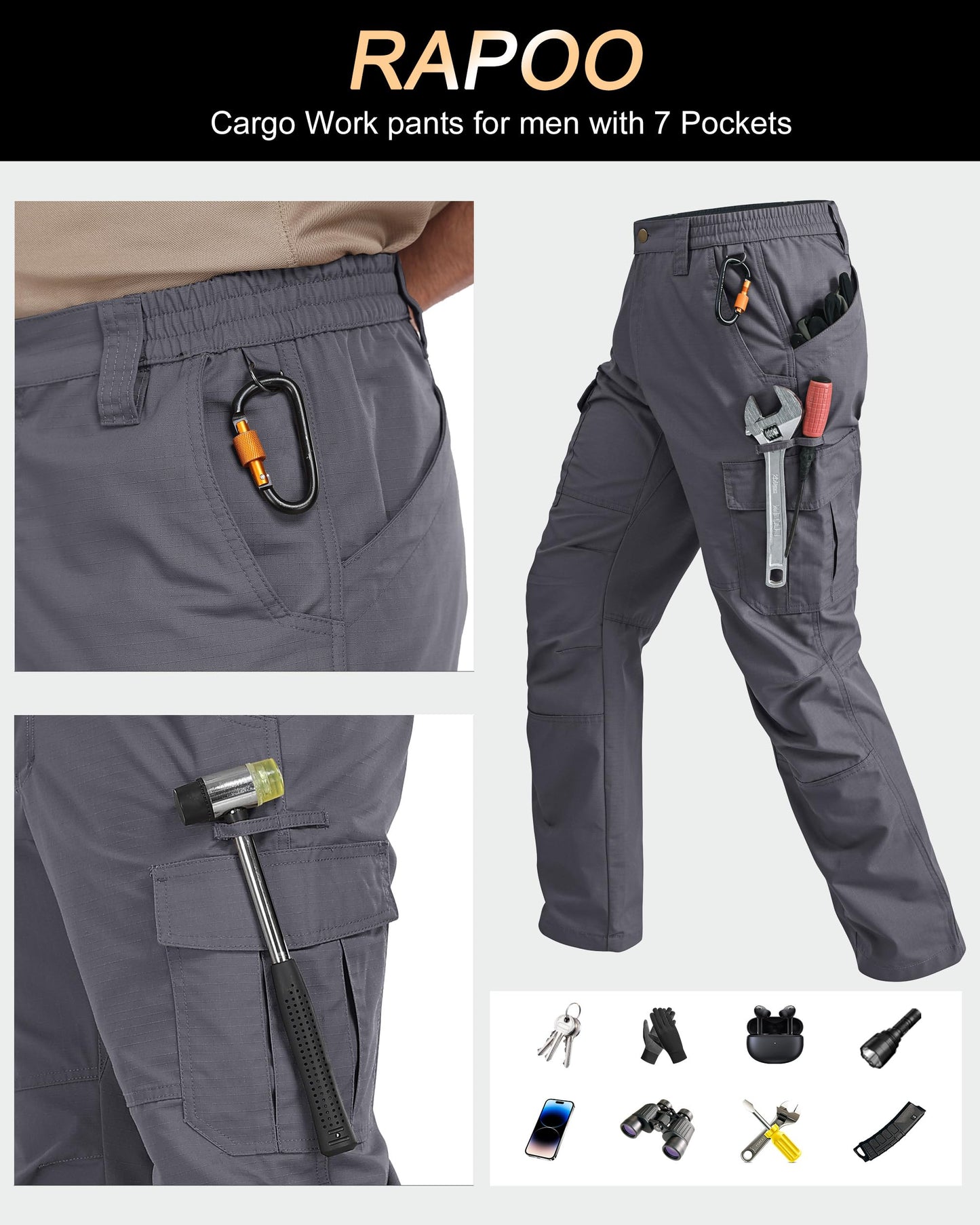 Rapoo Cargo Work Pants for Men Hiking Tactical Military Army Pants for Men with Multi Pockets Mens Ripstop Construction Breathable Outdoor Pants Grey 34Wx34L