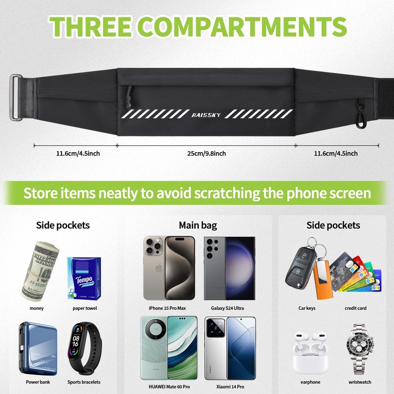 Kebrela Slim Running Belt Fanny Pack for Men Women, Running Phone Holder, Waist Pack Runners Bag Money Belt with 3 Separate Pouch to Store Your Phone Key Money Safe, Waist Bag-Black