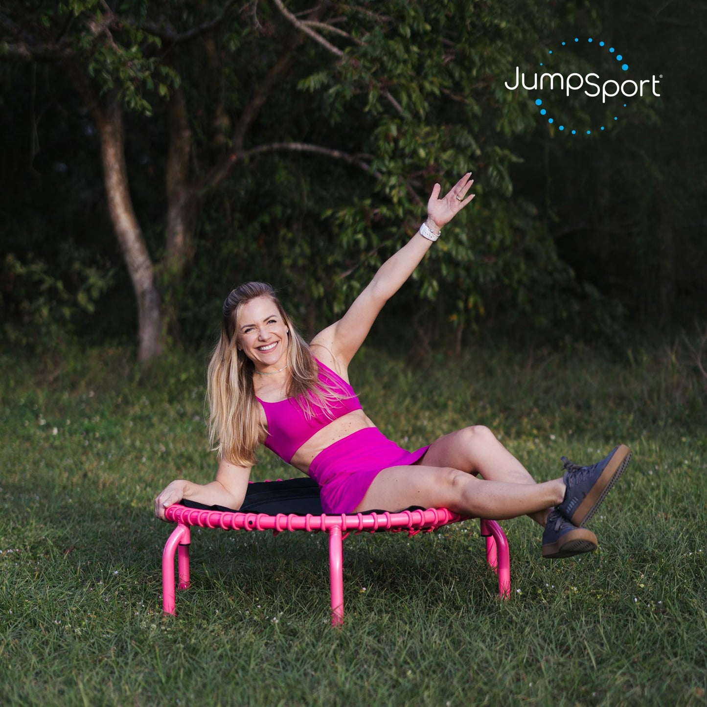 JumpSport 350 PRO Fitness Trampoline, Cardio Workout, No-Tip Arched Legs Home Gym Equipment with Adjustable Bungees & 60 Day Trial Video, 39", Pink