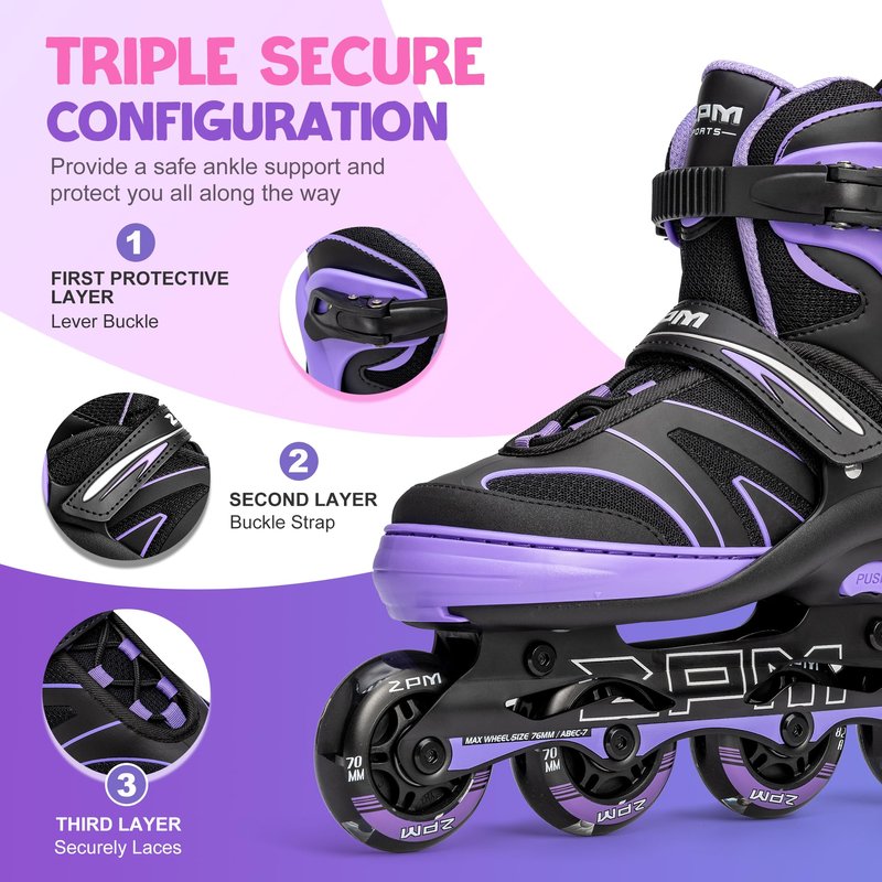 2PM SPORTS Kids Adjustable Inline Skates Ages 4-12, Youth Inlie Skates for Girls Boys 5-8 8-12 with Full Light Up Wheels, Beginner Women Men Adult Skates - Purple Large