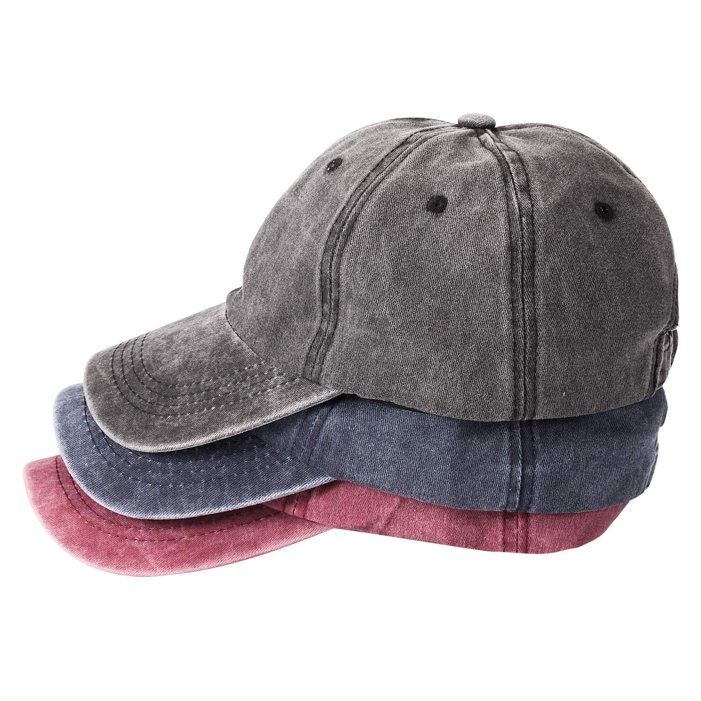 MEINICY 3 Packs Washed-Cotton Plain Baseball Cap, Vintage Adjustable Dad Hats Gift for Men/Women,Unstructured(Black,Blue+Burgundy)