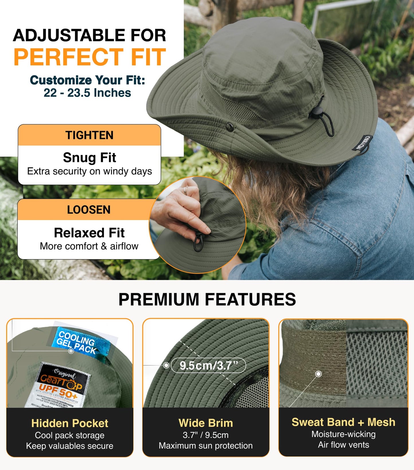 GearTOP Safari Hat for Men Sun Hats for Women UV Protection UPF 50+ Fishing, Gardening, Hiking Hat (22-23 1/2") Army Green