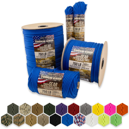 TOUGH-GRID 750lb Paracord/Parachute Cord - 100% Nylon Mil-Spec Type IV Paracord Used by The US Military, Great for Bracelets and Lanyards, 50Ft. - Royal Blue