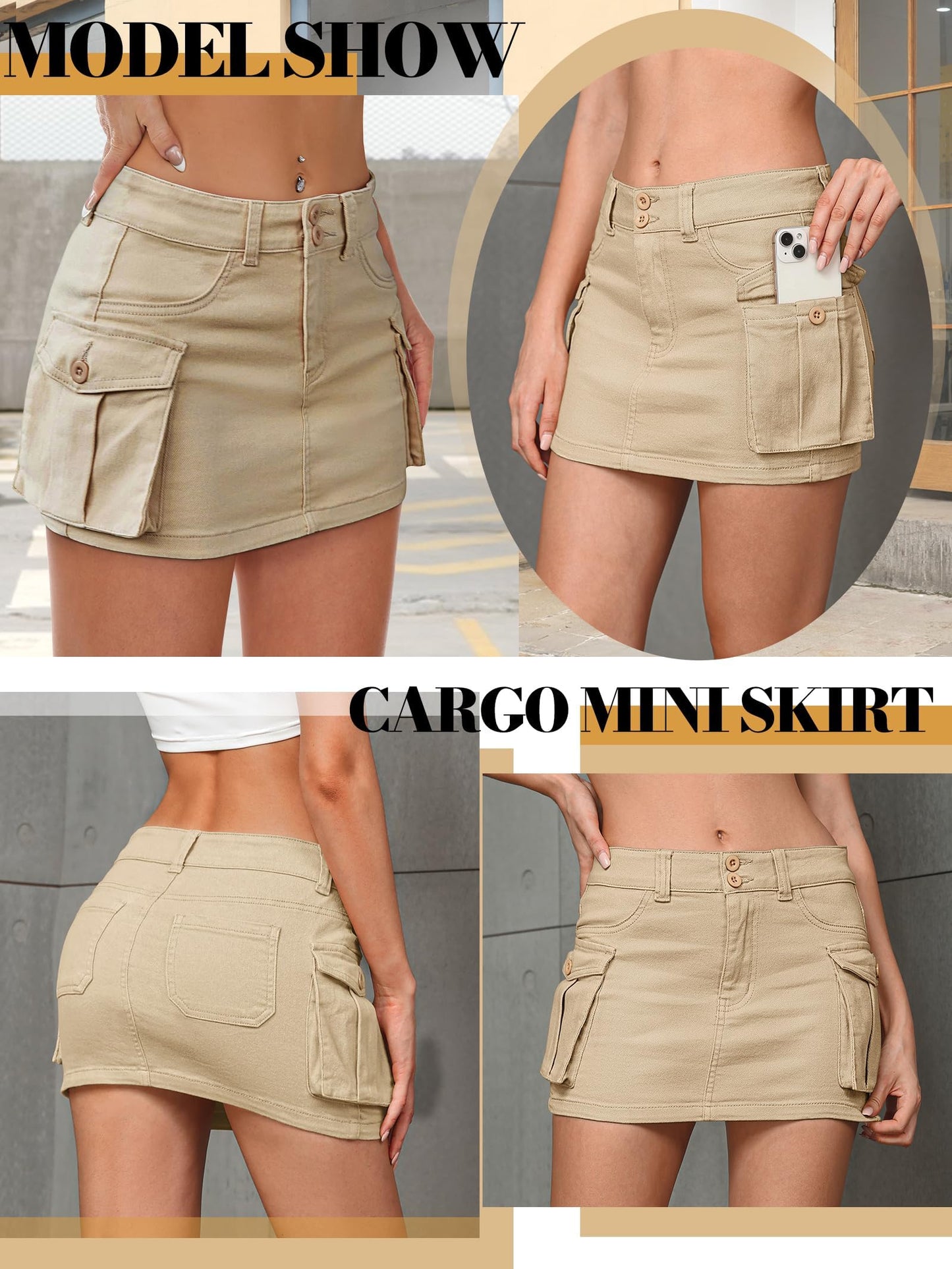 Mancreda Women Denim Cargo Skirt Mini Low Waist Button Bodycon Y2K Flap Pockets Skirts(CA,XS)