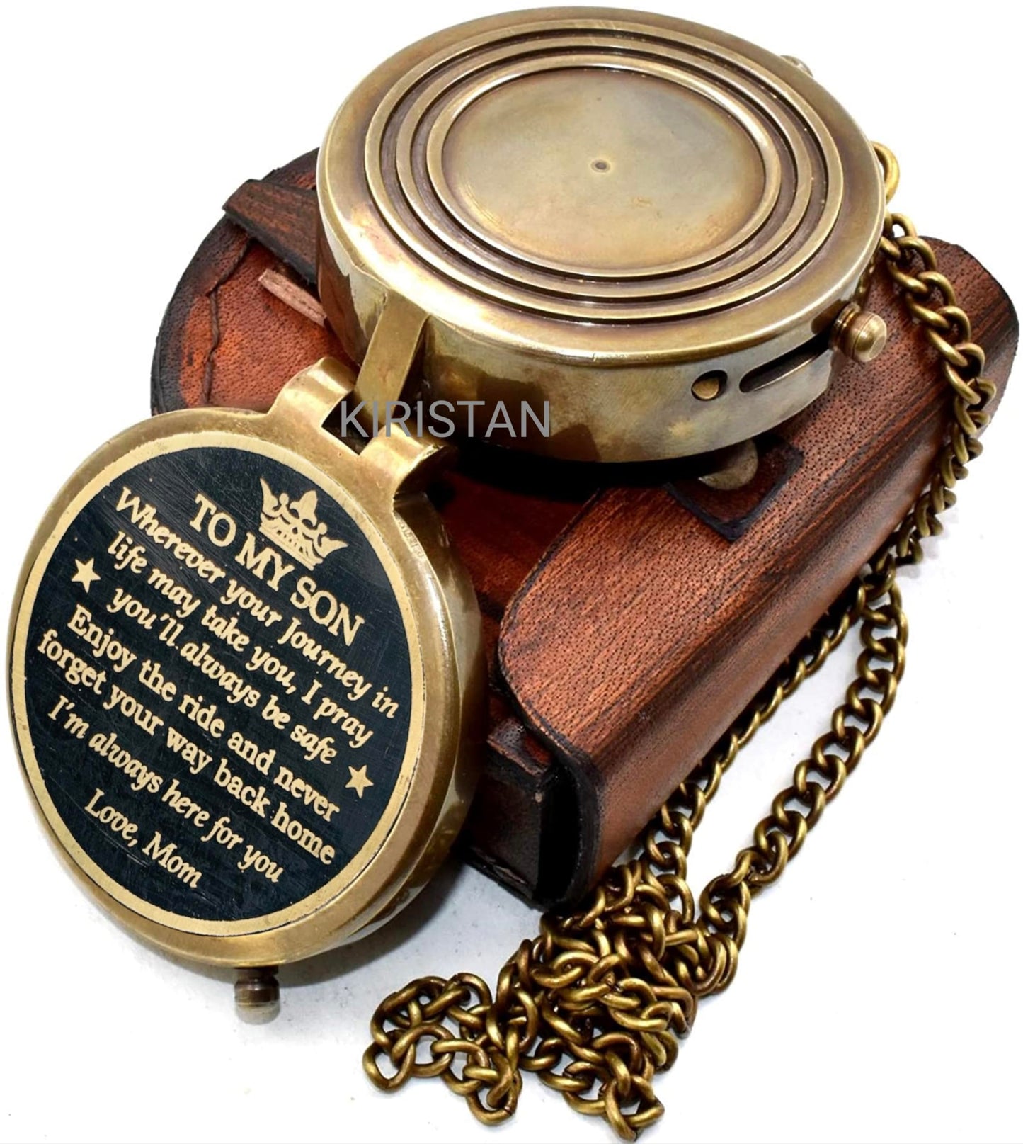 Antique Brass 2 Inch Compass | to My Son I'm Always here for You | Engraved Pocket Chain Compass with Leather Case for Love Mom to Son Antique Compass, Birthday Gift, Graduation Gift