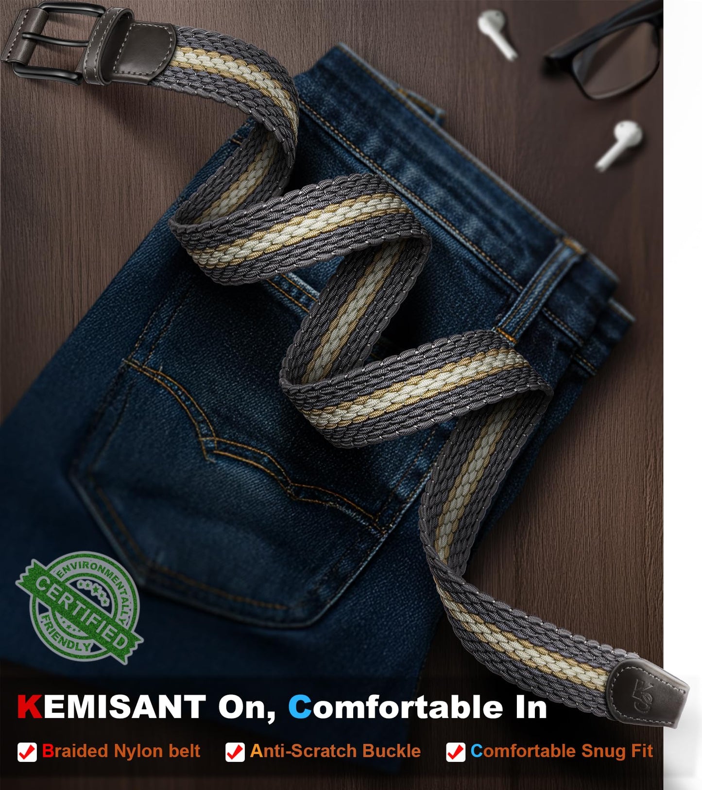 KEMISANT Men's Golf Belt Nulti-pack, Braided Woven Stretch Belt for Gift Men Casual Jeans Sports Work 1 3/8"(Gray/Creamy White,30"-34" Waist Adjustable)