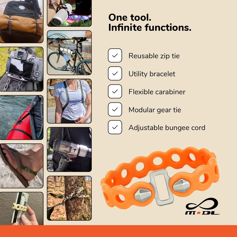 MODL Infinity Tool™ 2.0 Modular Straps (4-Pack) - Flexible Multi-Tool, Gear Strap, Wearable Gadget for Outdoor Adventure, Survival, Camping, Travel, EDC (Neon Orange)